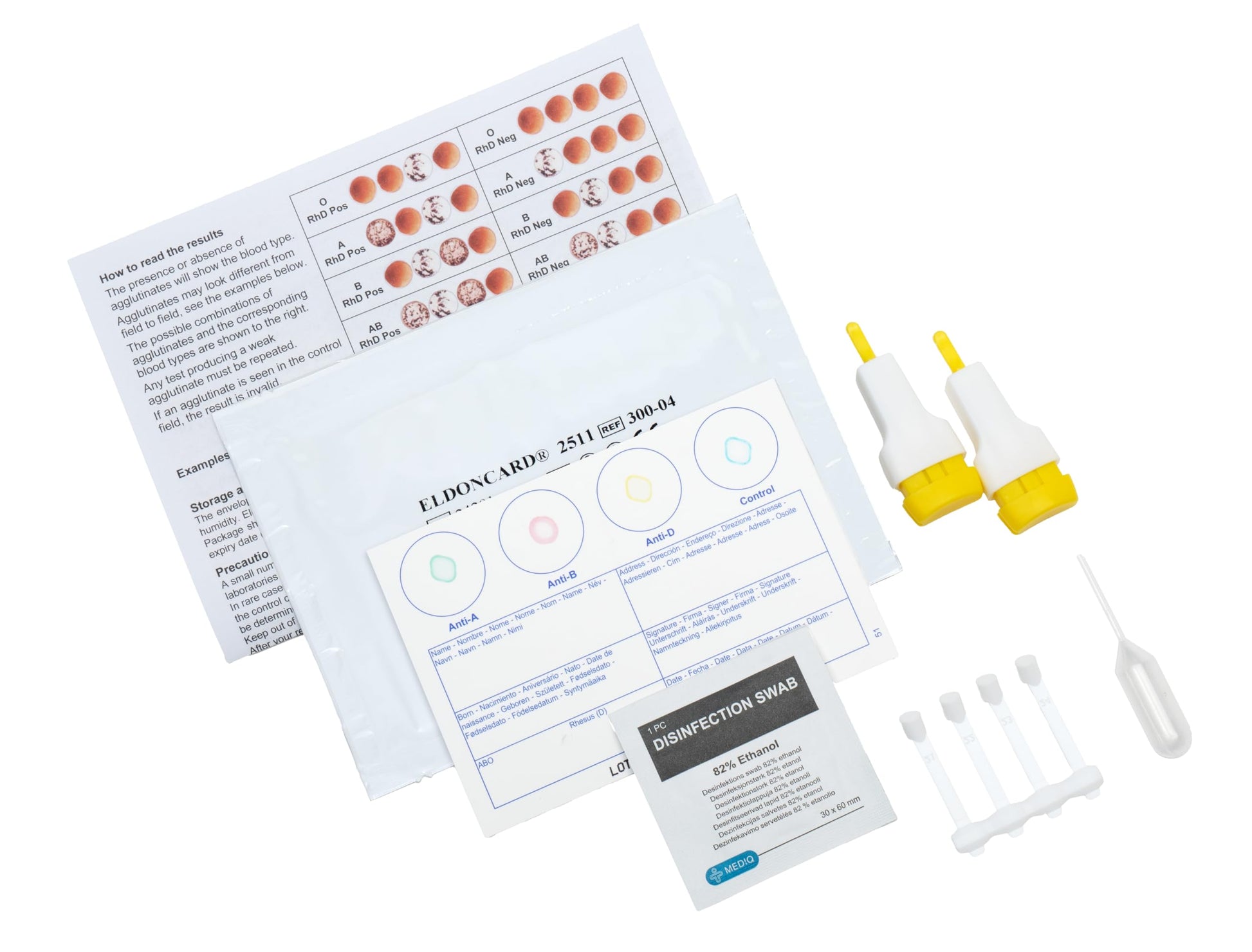 Eldoncard INC Blood Type Test (Complete KIT) - Find Out if You are A, B, O, AB & RH- Results in Minutes - Air Sealed Envelope, Safety Lancet, Micropipette, Cleansing Swab - 1 Pack