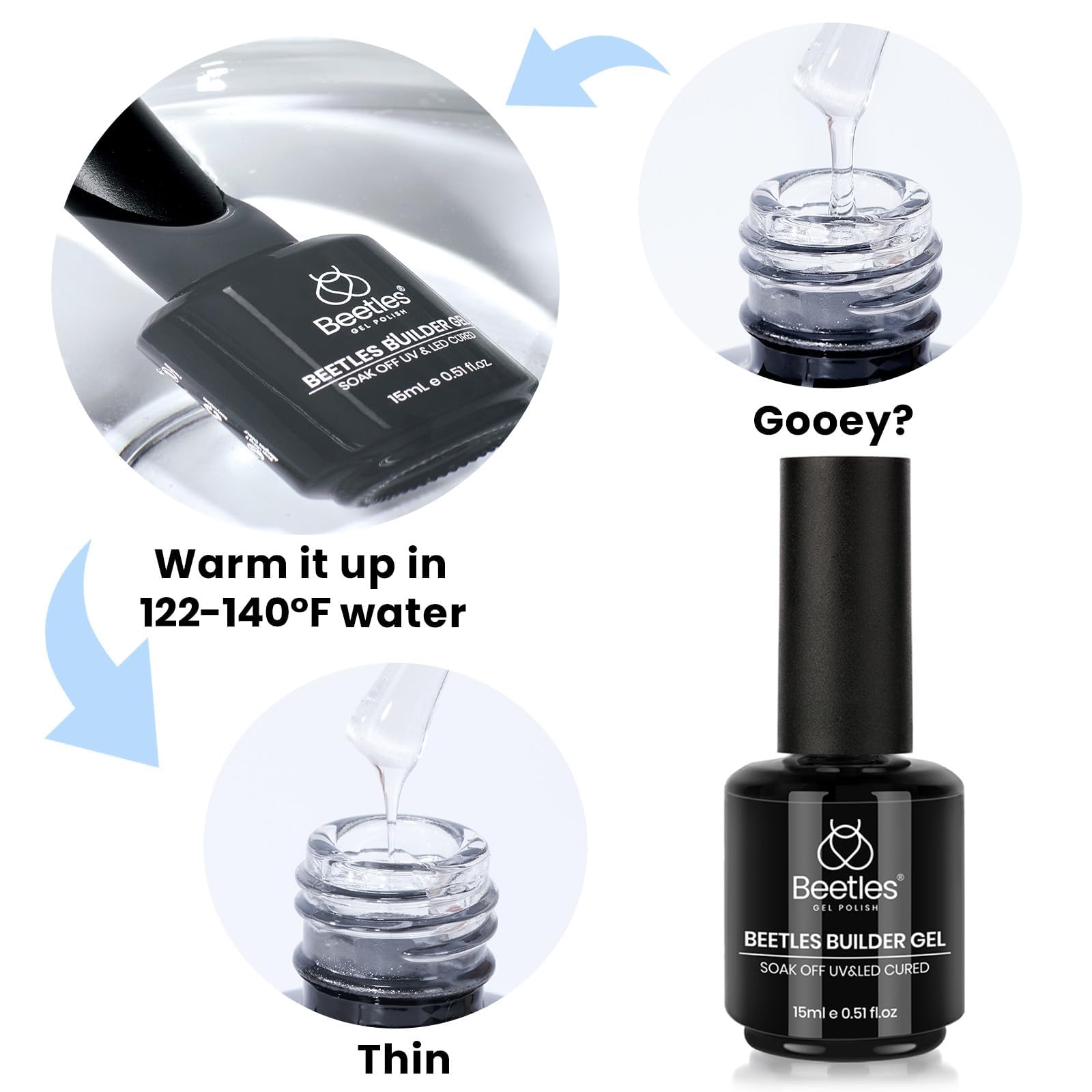 Beetles Builder Gel for Nails 0.51 OZ 8 in 1 Clear Nail Builder Strengthener Gel Enhancement Nail Gel Building Nail Apex for Beginners & DIY Salon Manicure