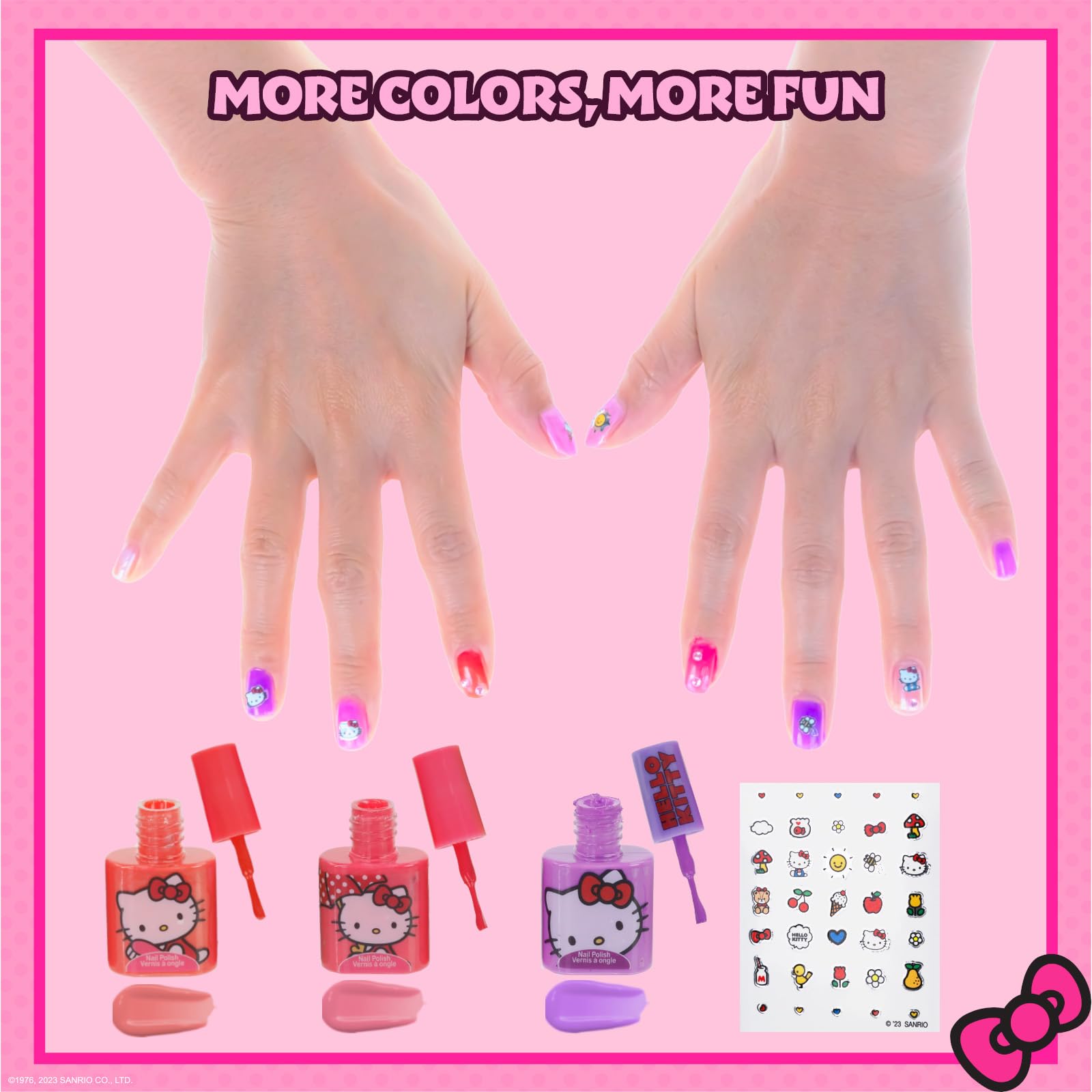 Hello Kitty Water-Based Nail Polish Set, Peel-Off Set with Glittery & Opaque Colors and Nail Accessories for Girls Kids, Perfect for Dress Up, Parties & Makeovers Ages 3+ by Townley Girl