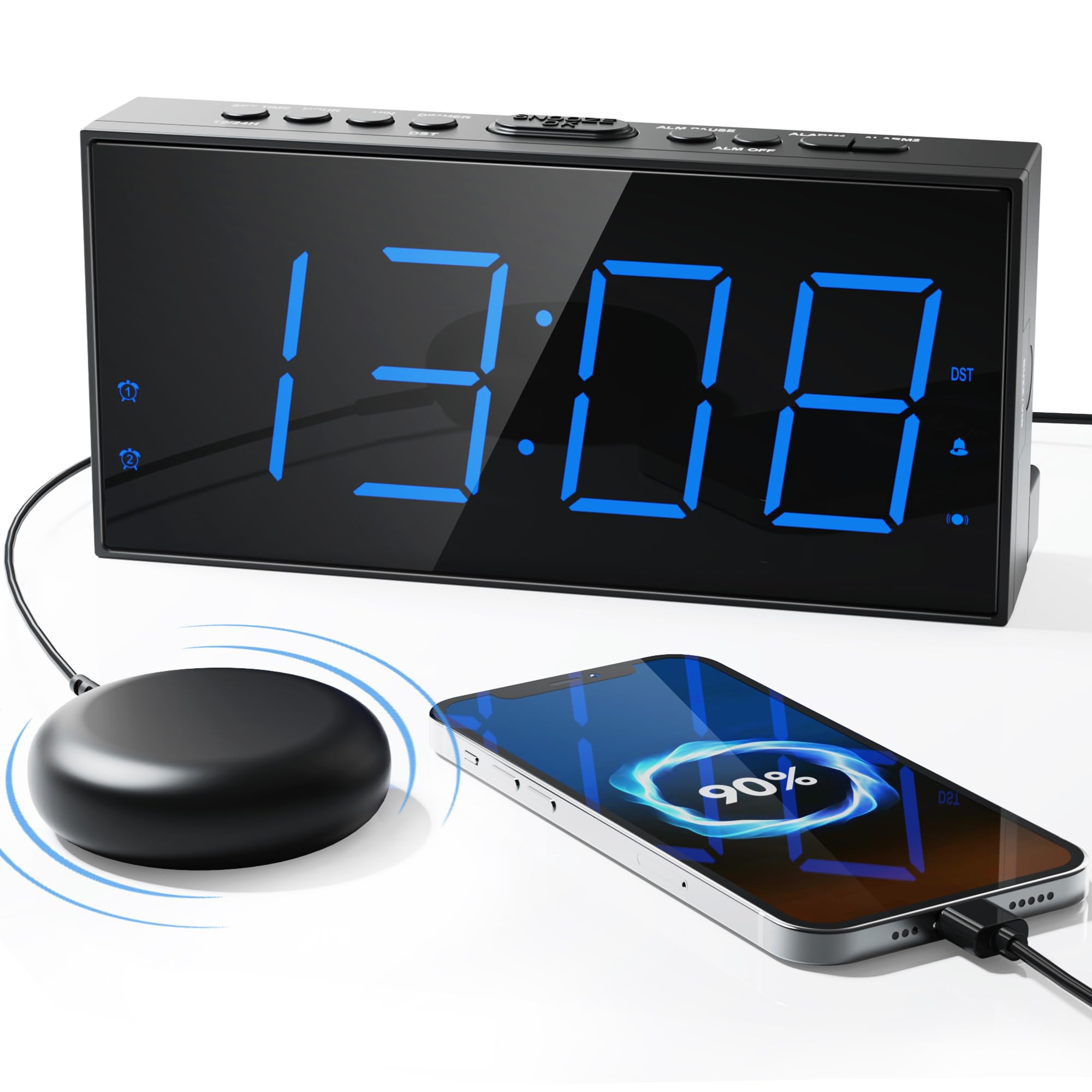 Roxicosly Loud Alarm Clock with Bed Shaker, Vibrating Alarm Clock for Heavy Sleepers/Hard of Hearing/Deaf/Teens, Dual Alarms with 7.5'' Large LED Display, USB Charger, Dimmer, Snooze & Battery Backup