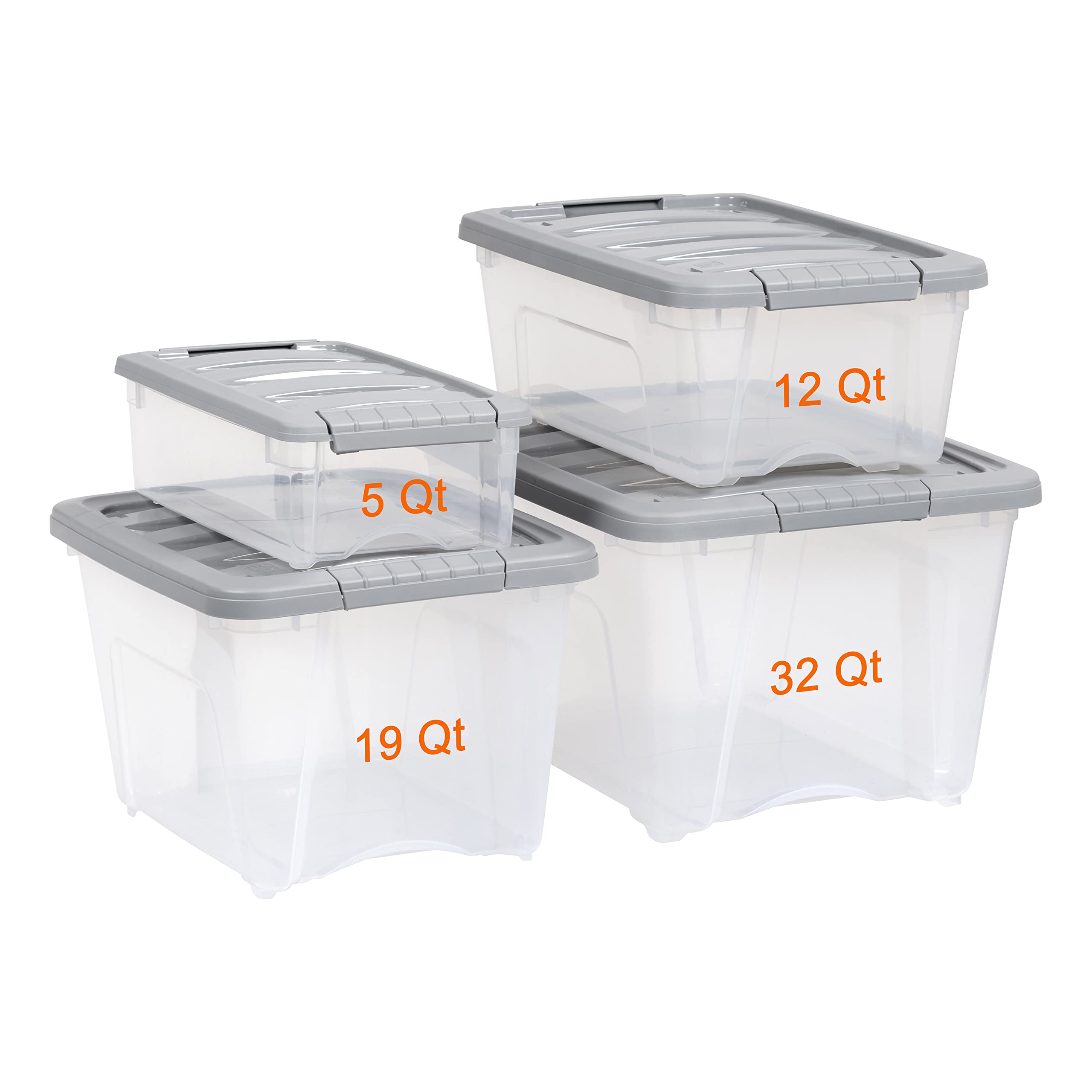 Amazon Basics Plastic Storage Containers with Secure Latching Lids, Stackable Organization Bins, 32 Quart, Set of 6, Clear/Grey