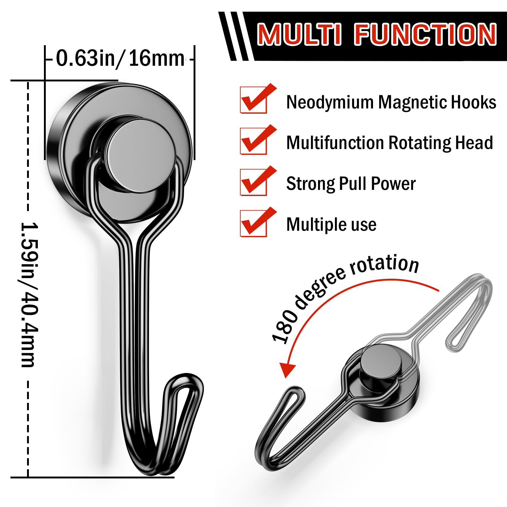 FINDMAG Magnetic Hooks, 30lbs+ Strong Magnetic Hooks for Cruise Cabins, Magnet Hooks Heavy Duty for Fridge, Swivel Swing Hooks for Kitchen, Grill, Garage, Cruise Ship Essentials 6 Pack (Black)