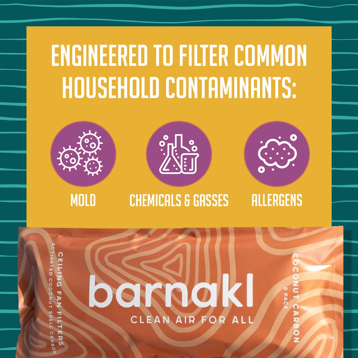 Barnakl Ceiling Fan Filters | Activated Coconut Shell Carbon Ceiling Fan Blade Filters for Common Household Contaminants | Easy-Stick Universal Fit, Unscented (5-Count)