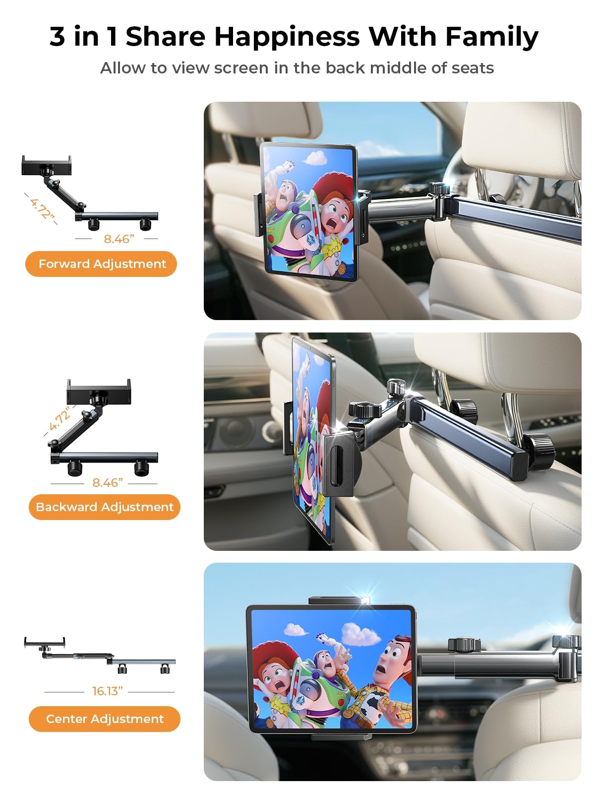 LISEN for iPad Holder Car Mount Road Trip Essentials Activities for Kids Car Accessories Women Interior, 3 in 1 Tablet Holder Backseat Camping Car Organizer Back Seat Headrest iPad Mount