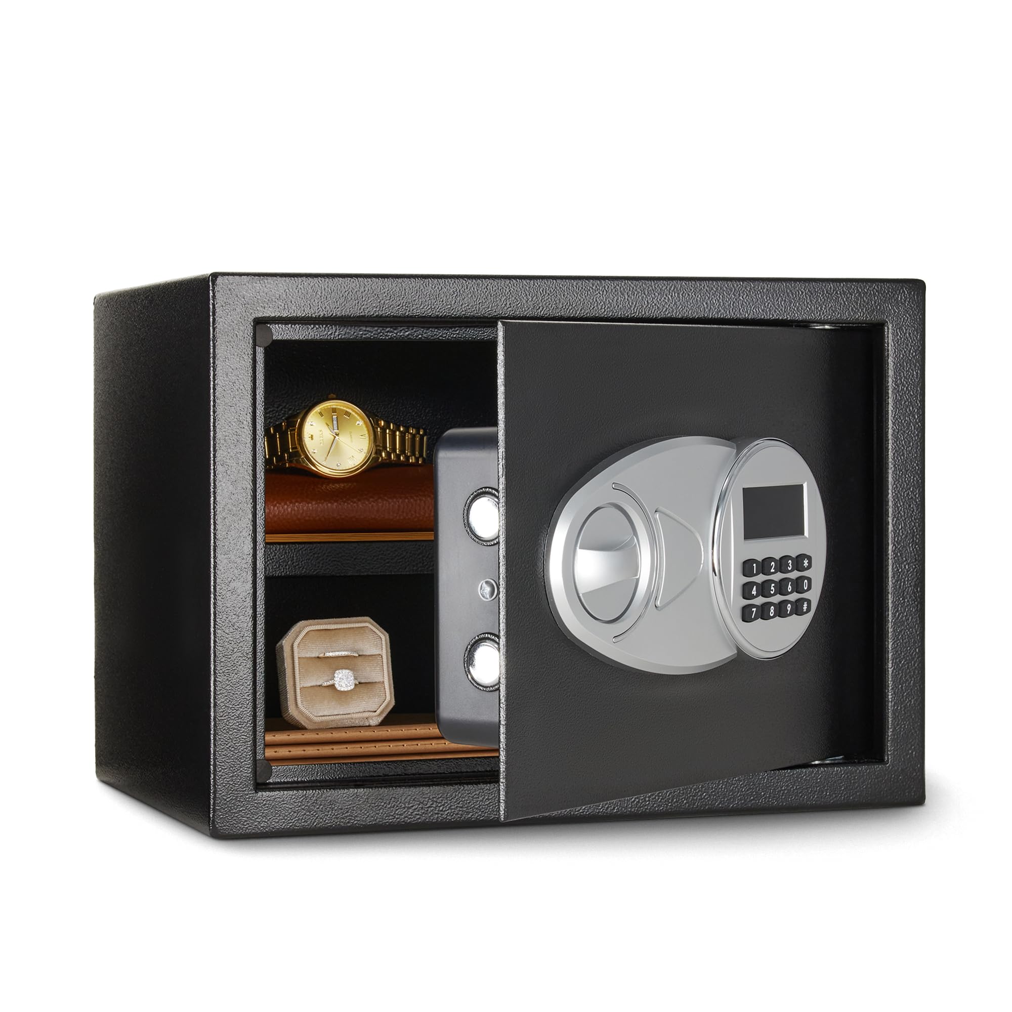 Basics Steel Security Safe and Lock Box with Electronic Keypad, for Cash, Jewelry, Documents, Black, 0.5 Cubic Feet, 13.8" W x 9.8" D x 9.8" H