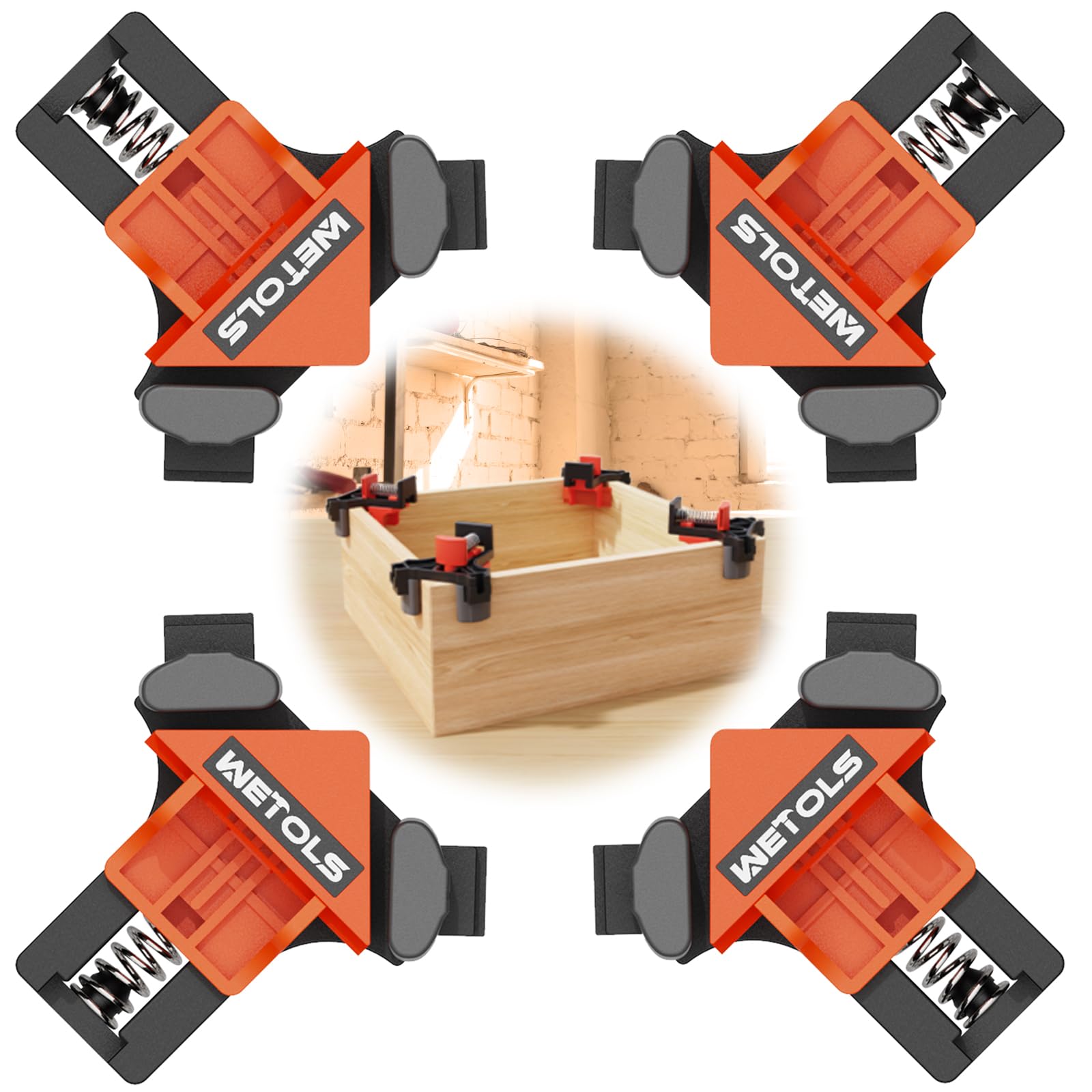 WETOLS Eckzwingen für die Holzbearbeitung, 90 Grad Winkelklemme, Holzzwingen, 4 Stück verstellbare federbelastete Holzbearbeitungszwingen, Geschenke für Papa, Geburtstagsgeschenke für Männer, Bilderrahmen, Orange