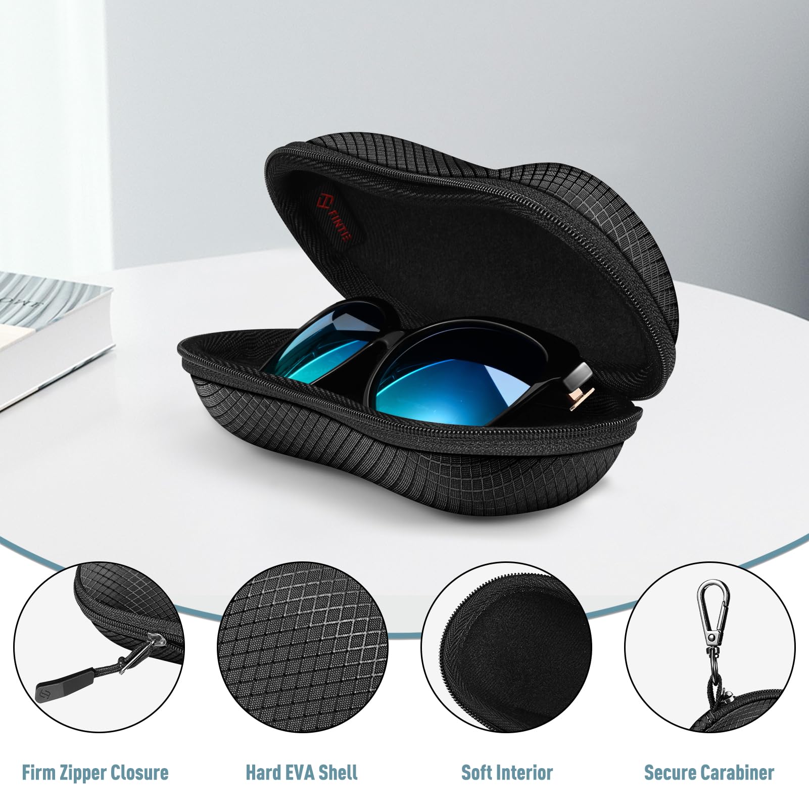 Fintie Sunglasses Case, Hard EVA Shell Shockproof Sport Glasses Case with Metal Carabiner Travel Zipper Eyeglasses Holder, Black