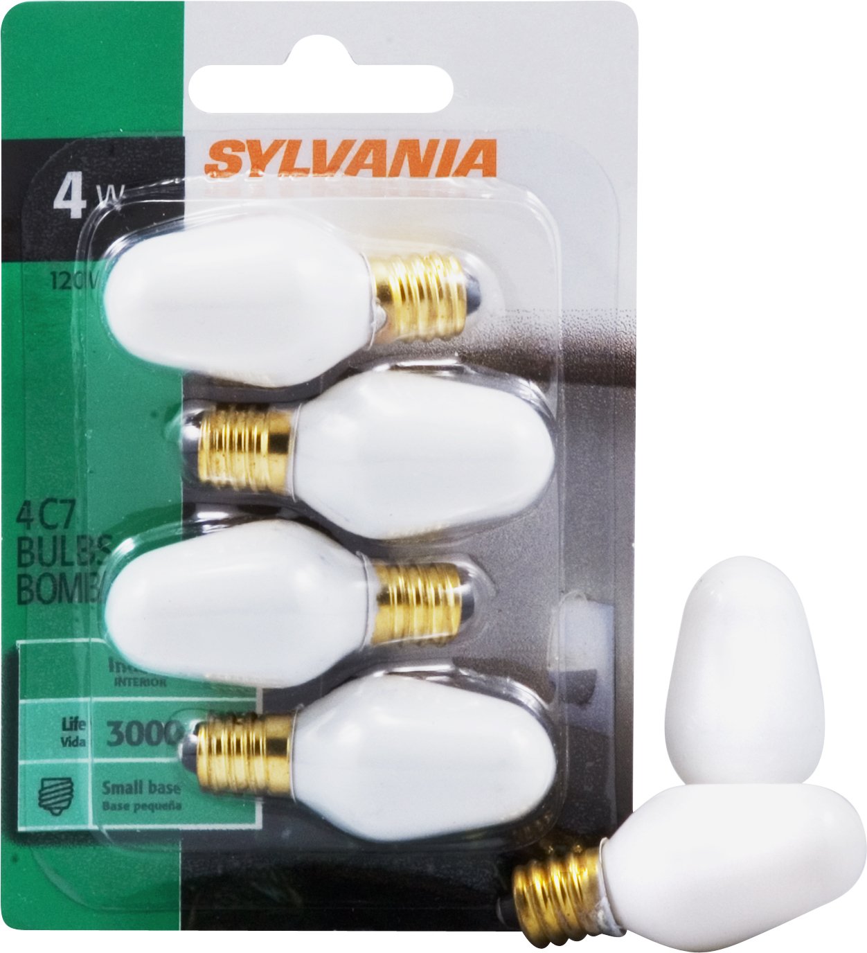 SYLVANIA Glühlampe 4W C7 Nachtlicht, E12 E14 Kerzenfassung, 15 Lumen, mattiert, 2850K, Weiß - 4er-Pack (13553)