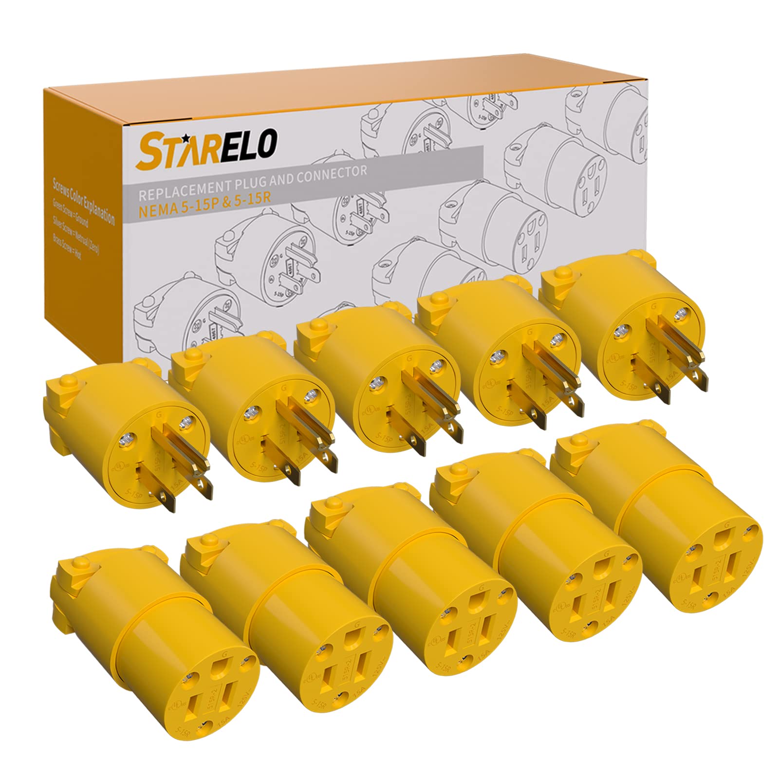 STARELO Verlängerungskabelenden, Elektrischer Ersatzstecker & Kupplungsset Gelb Gehäuse 125V 15A 2-polig 3-adrig NEMA 5-15P & 5-15R Industriequalität 3-poliger Schukostecker (5), UL-gelistet.