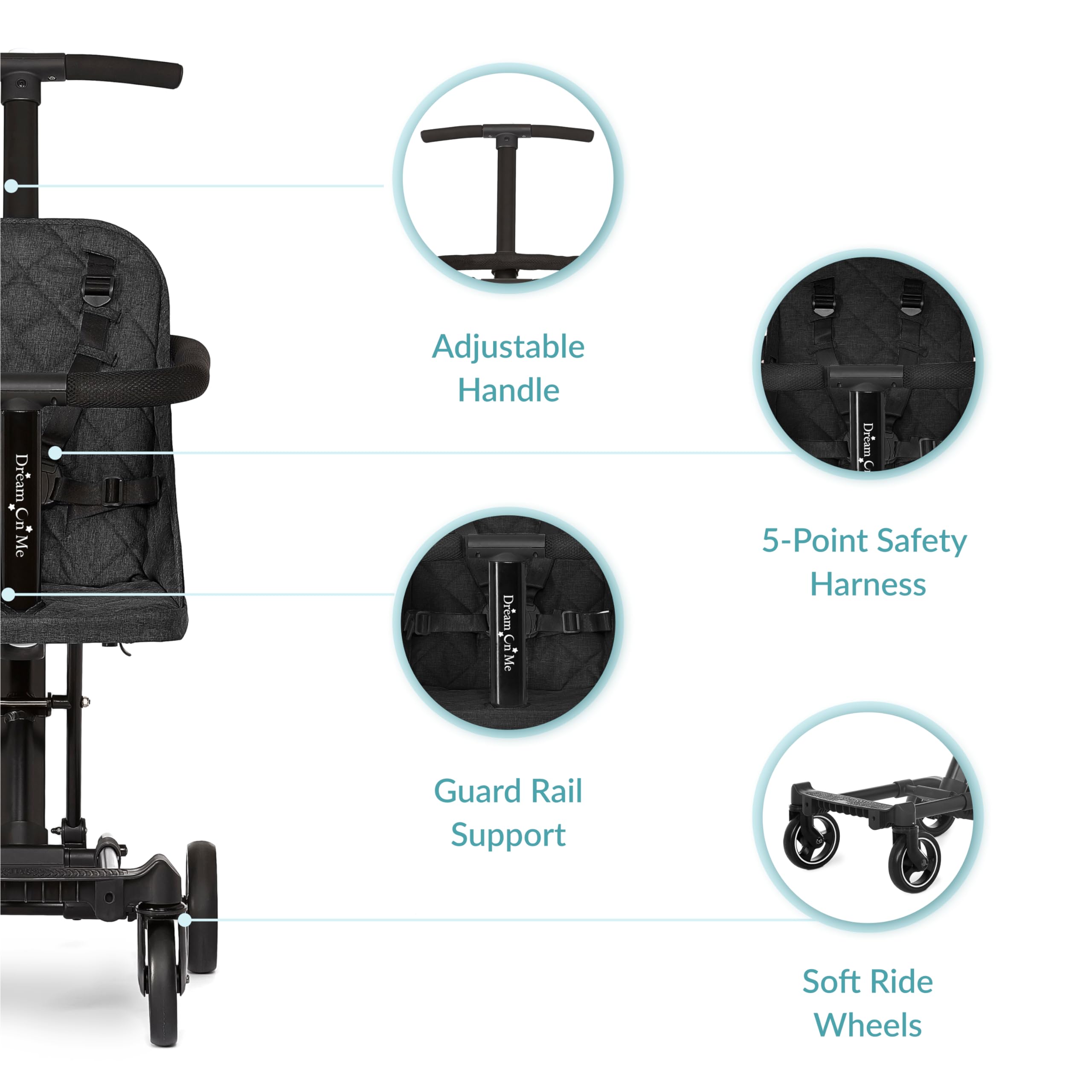 Dream On Me Lightweight and Compact Coast Rider Stroller with One Hand Easy Fold, Adjustable Handles and Soft Ride Wheels, Black