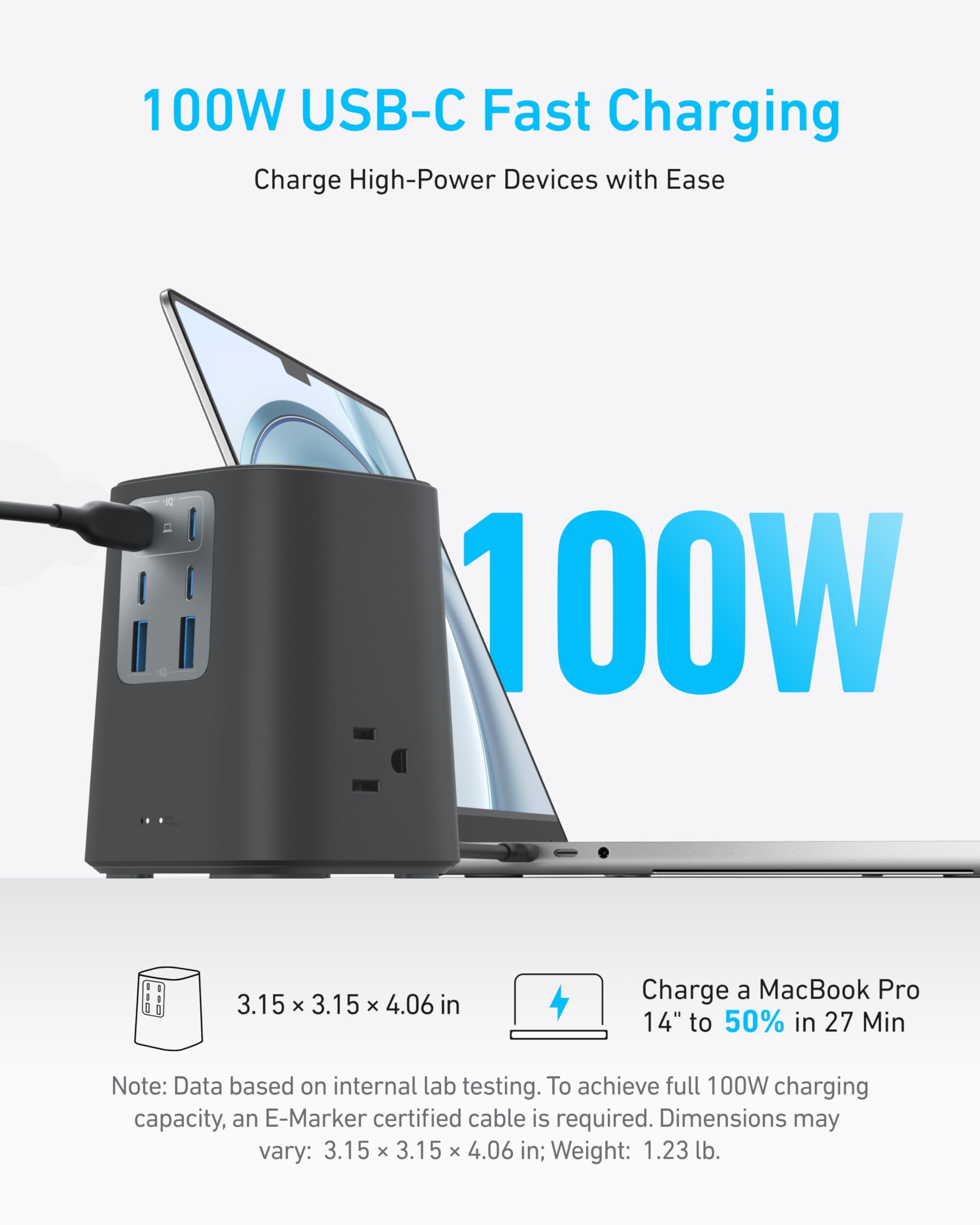 Anker Charging Station (100W), 9-in-1 USB-C Power Strip with 300J Surge Protection, for iPhone 16 & MacBook, 5 ft Flat Cable and Plug, 4 USB-C and 2 USB-A Ports, 3 AC Outlets, for Home, Office