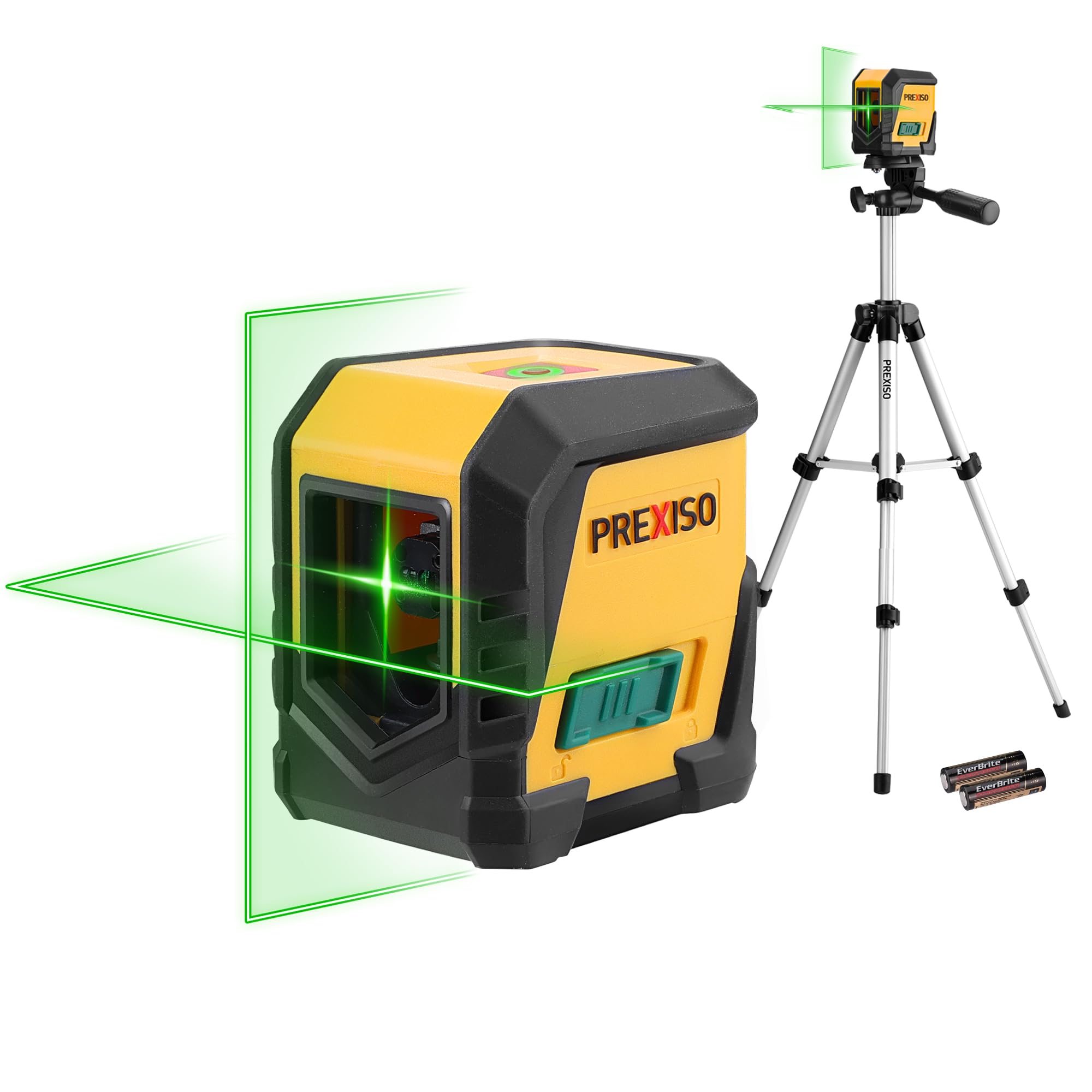 PREXISO Laser-Wasserwaage mit Stativ, 20 m selbstnivellierende Kreuzlinien-Laserwasserwaage, grüne Laser-Nivellierhilfe zum Aufhängen von Bildern, für Heimwerkerarbeiten mit LED-Anzeige und 2 AA-Batterien (80 cm Stativ)