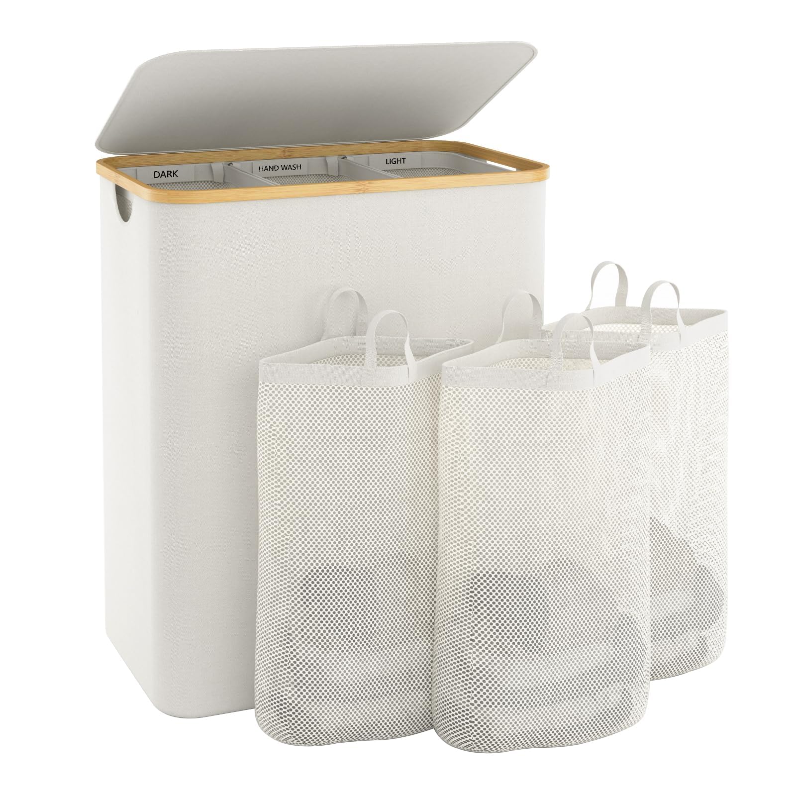 Laundry Basket with Lid, 145L Extra Large Laundry Hamper 3 Section Dirty Clothes Hampers for Laundry with Removable Laundry Bags, Laundry Sorter for Bedroom, Laundry Room, Beige