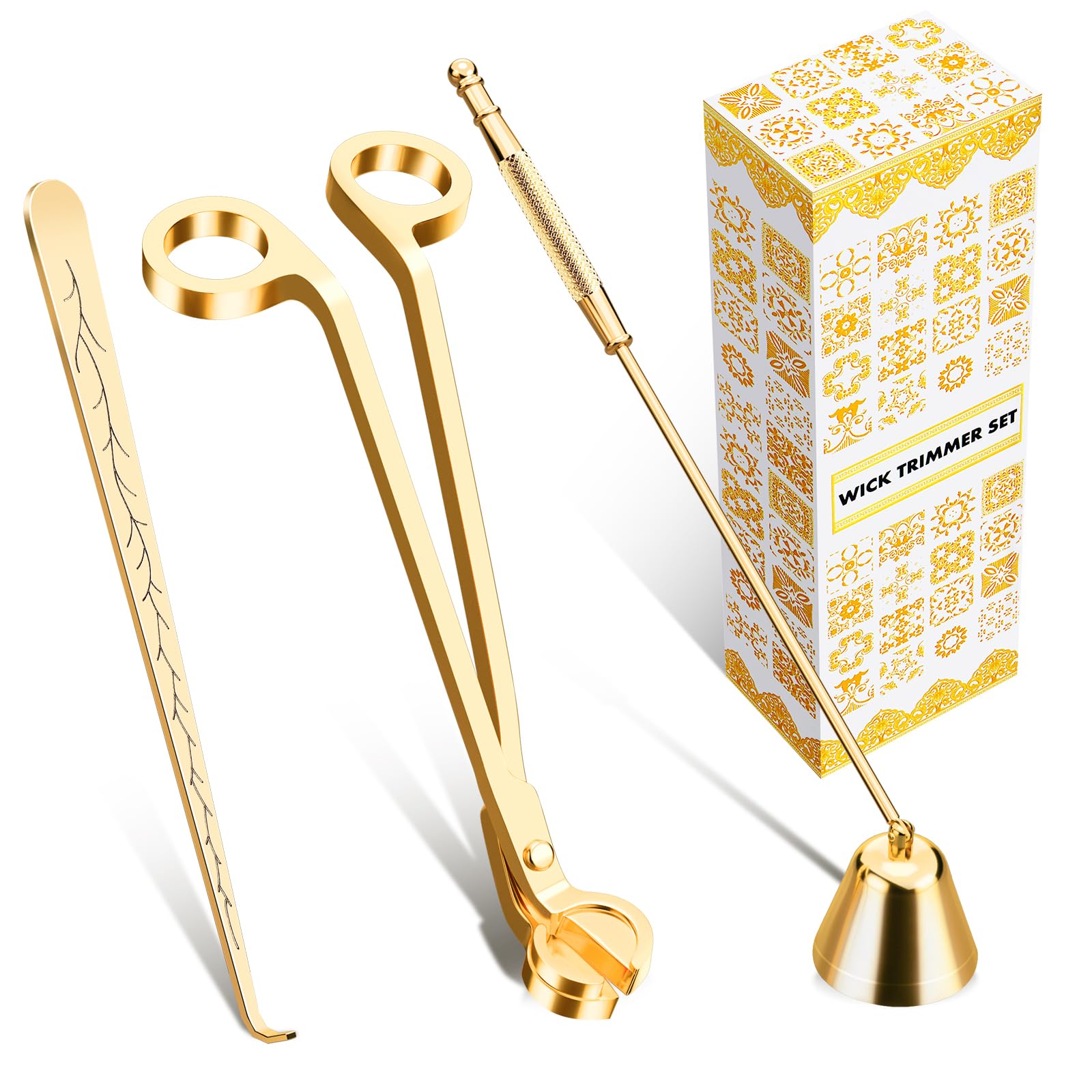 calary Kerzendochttrimmer, Kerzenlöscher und Dochttaucher & Kerzenzubehör-Set, 3-in-1-Kerzenpflegeset für Kerzenliebhaber (Gold)