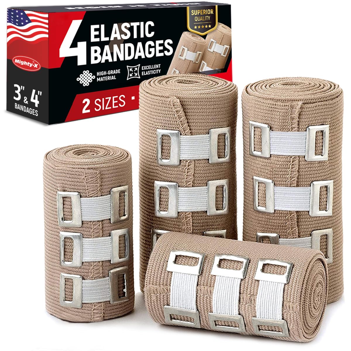 Premium Elastic Bandage Wrap - 4pk (2x3in, 2x4in) + 12 Extra Clips - Strong Compression Bandage Wrap for Wrists, Ankles, Feet and Knees