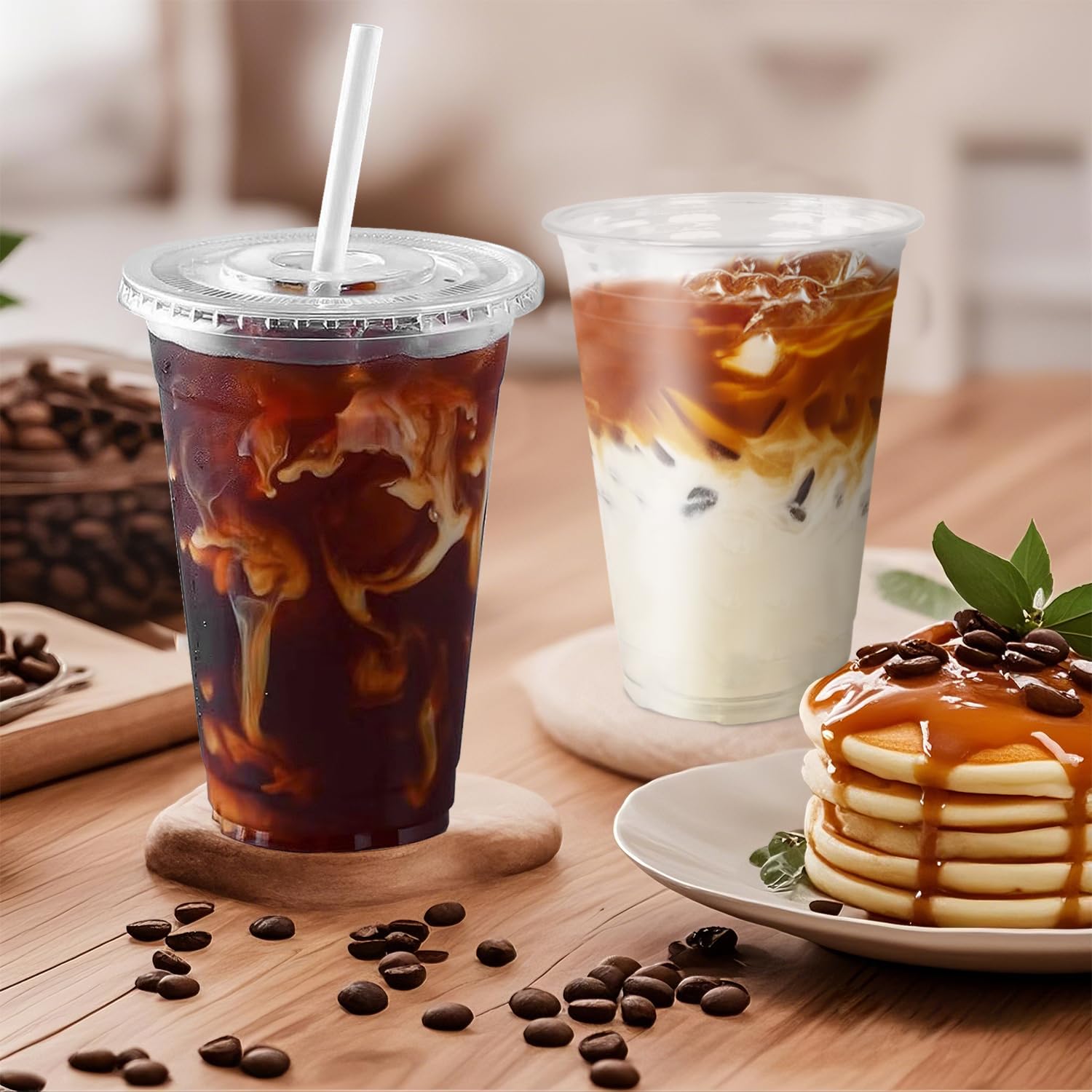 Ginkgo 100-Pack 20oz Clear Plastic Iced Coffee Cups with Lids and Straws, Disposable To Go Cups for Smoothies, Milkshake, Cold Beverages, Coffee Bar Accessories
