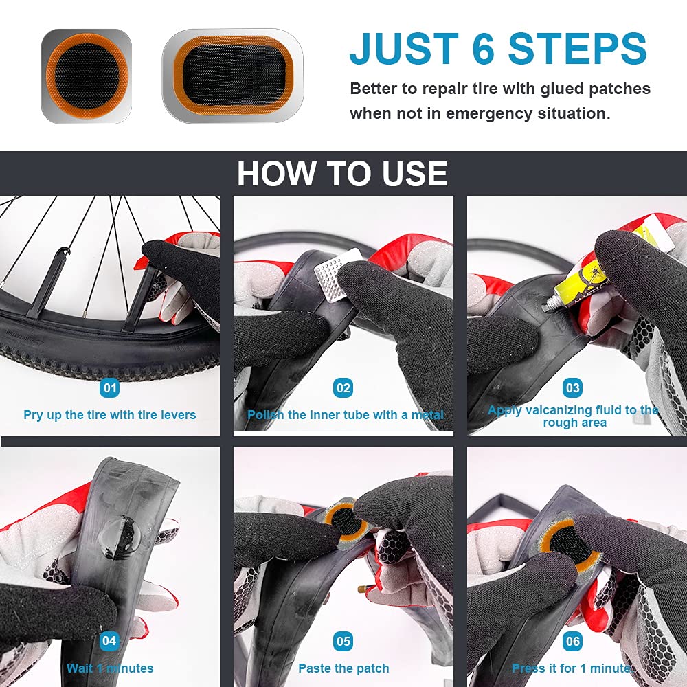 Bike Tire Repair Kit, Bicycle Inner Tube Puncture Patch Kits with Vulcanizing Patches, User Manual, Metal Rasp and Tire Lever, Bike Patch Kit for Mountain and Road Bike