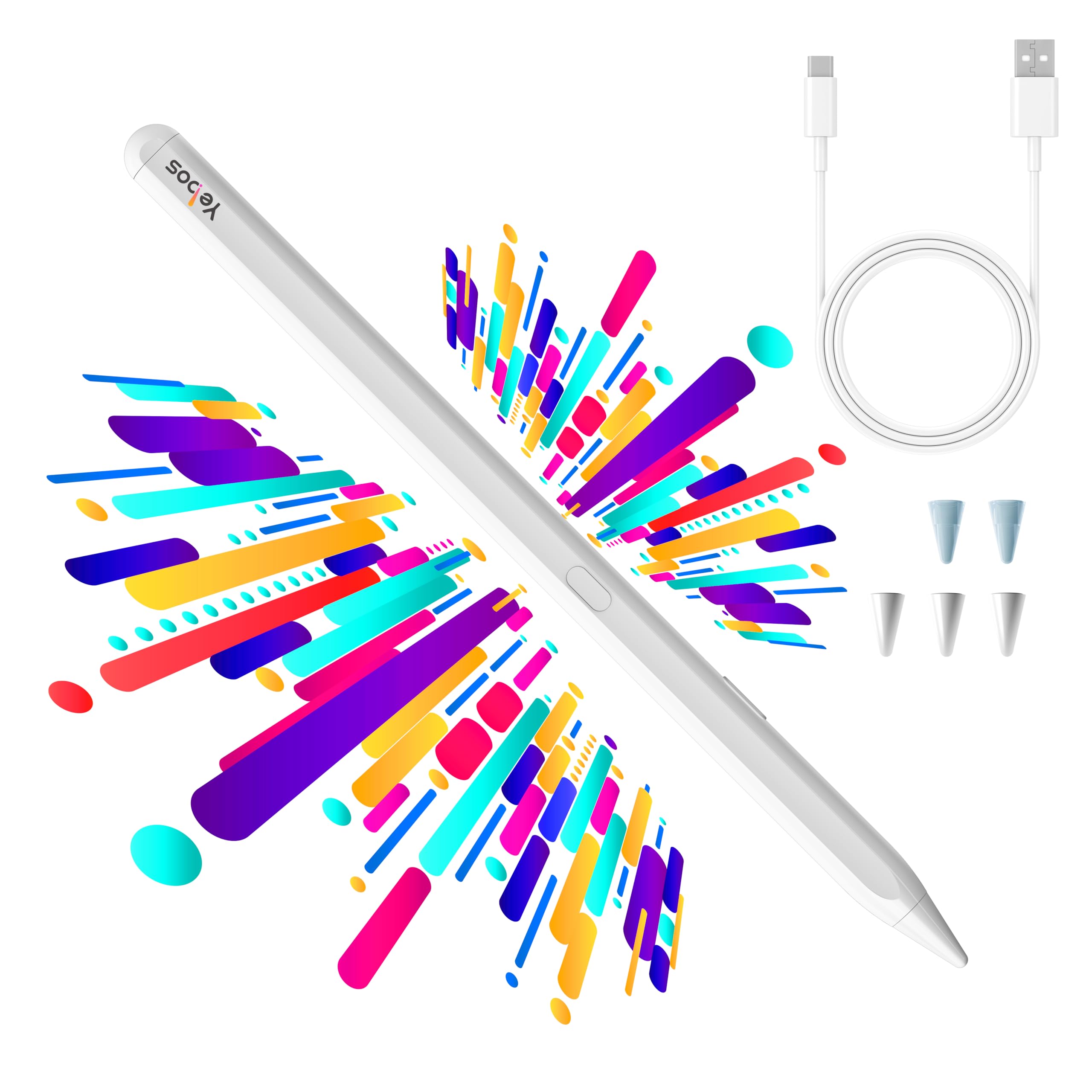 Yebos Stylus Pen for Apple iPad 2018-2025, Compatible with Pencil, 3X Battery Life, USB-C Fast Charging, Tilt & Palm Rejection, for iPad 6-11th, Pro 11/12.9/M4, Air 3/4/5/M2/M3, Mini 5/6/7 - White