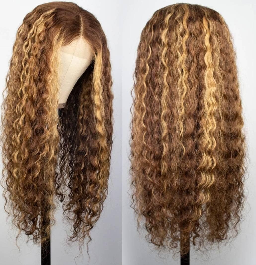 Chesma 28inch Highlight Ombre Lace Front Wig Human Hair 13x4 HD Honey Blonde 4/27 Deep Wave Lace Frontal Wigs Glueless Wigs Human Hair Pre Plucked with Baby Hair 180 Density