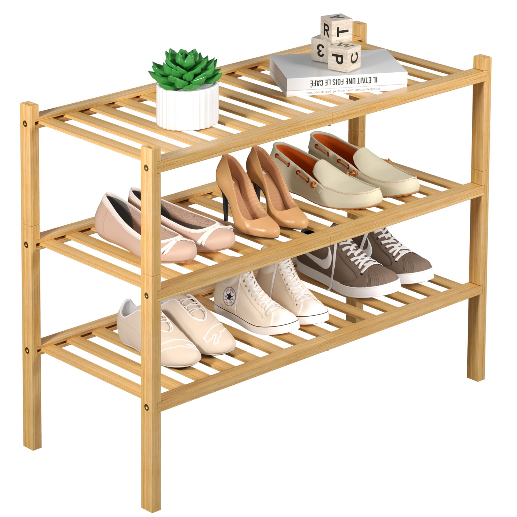 ROMGUAR CRAFT 3-stöckiges Bambus-Schuhregal für den Kleiderschrank, freistehendes Holz-Schuhregal, Aufbewahrungsorganizer für den Eingangsbereich, kleine Räume, stapelbar, 68,6 x 27,9 x 50,8 cm (Natur)