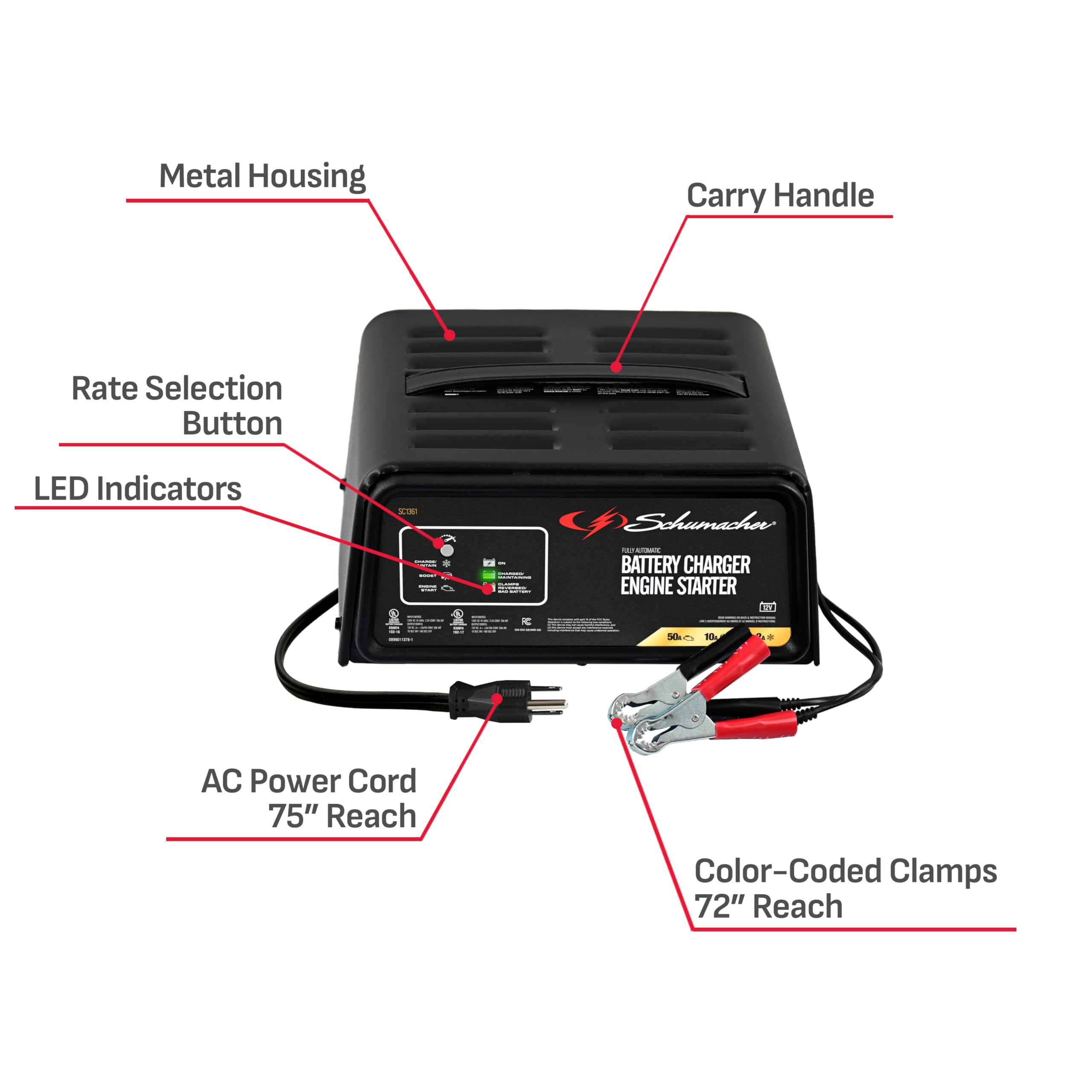 Schumacher Electric 50A 12V Car Battery Charger, Engine Starter & Maintainer - Fully Automatic Battery Charger for Cars, Trucks & RVs - 6A Charge/ 2A Maintain & 10A Boost Modes - SC1361