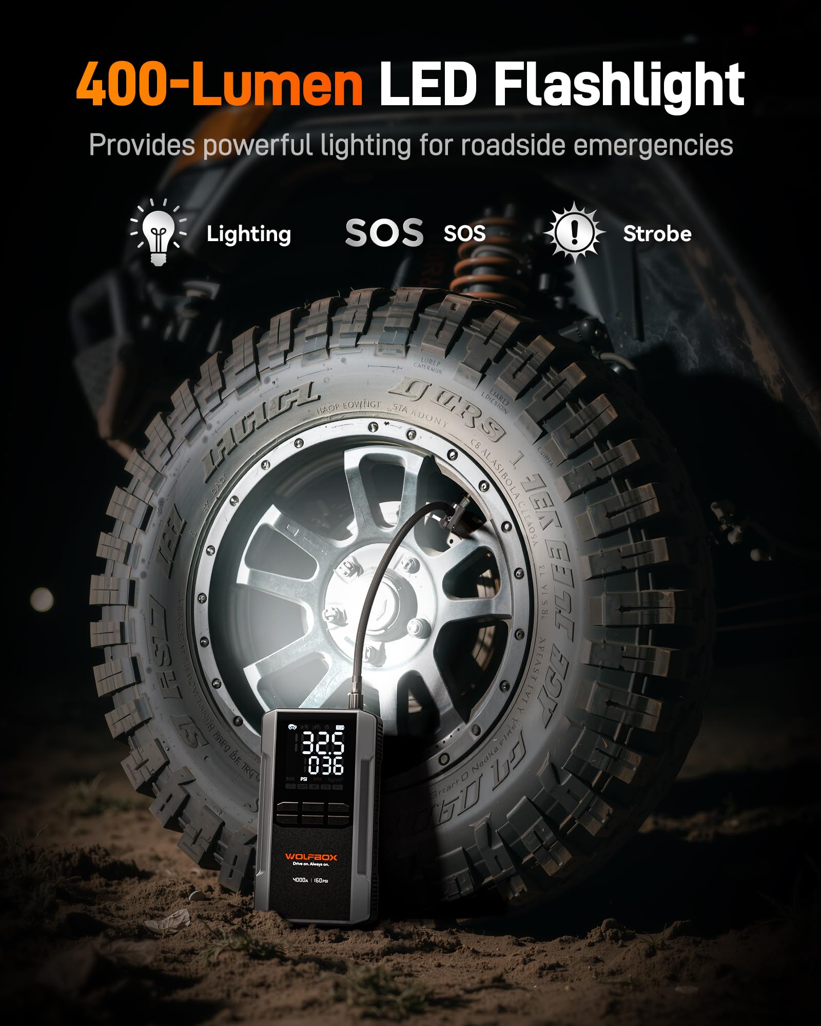 WOLFBOX 4000A Jump Starter with 160PSI Air Compressor, 12V Car Battery Booster, 65W Fast Charge, 24000mAh Portable Tire Inflator, LED Display for 10L Gas & 10L Diesel Engines, LED Light, Jumper Cables