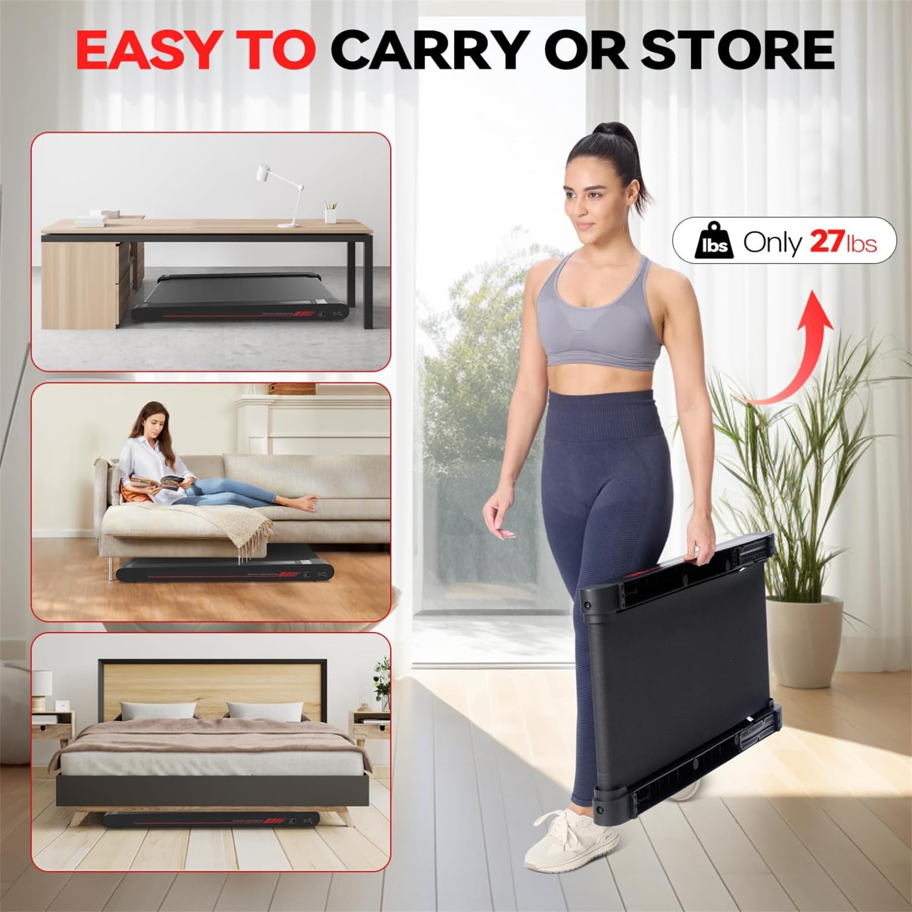 Walking Pad Treadmill with APP, 3 in 1 Under Desk Treadmills, 2.5HP Low Noise Walking Vibration Pad with Remote Control,Portable Treadmill for Home Office, Red