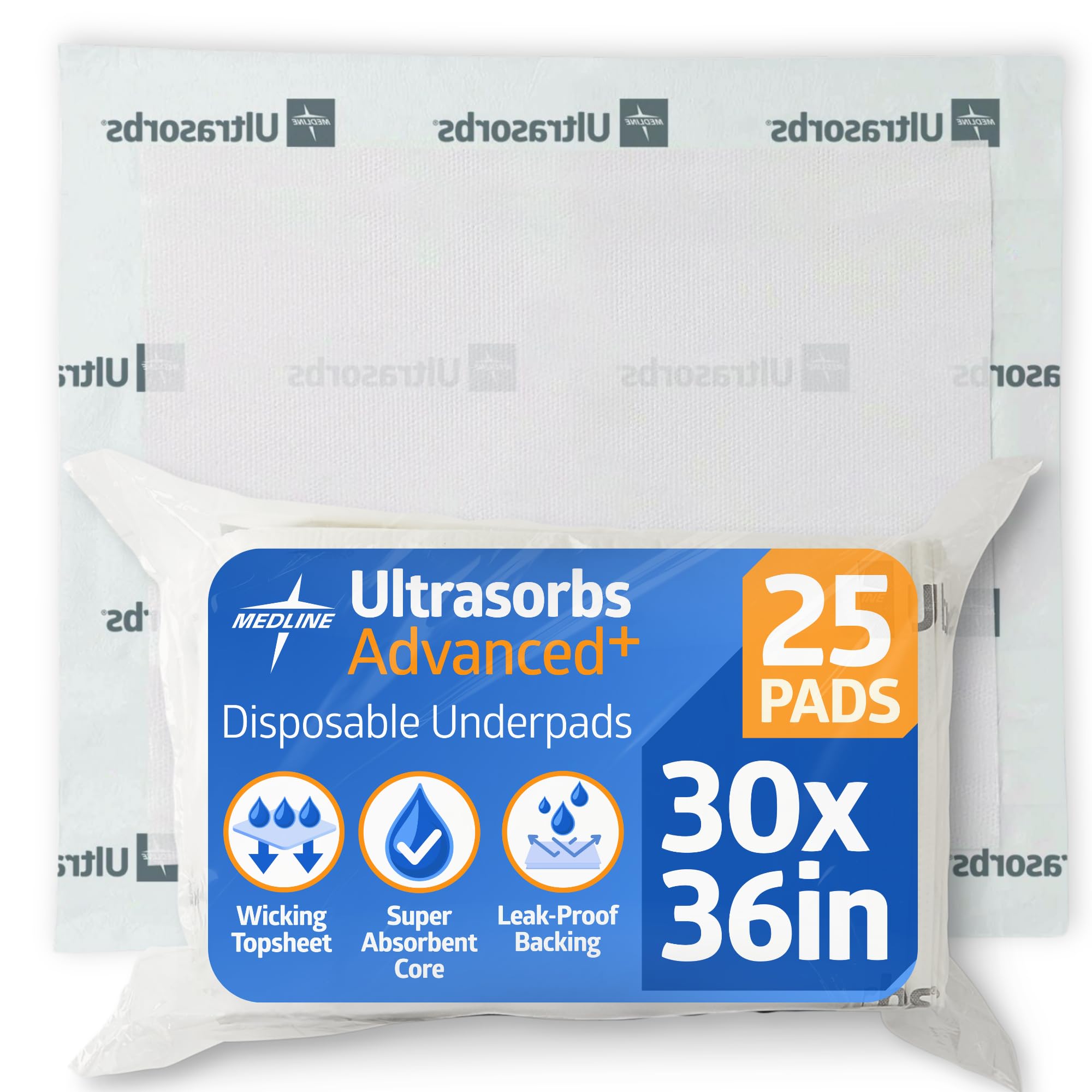 Medline Ultrasorbs Bed Pads Disposable Adult, Advanced+ Premium Ultra Thick, 30x36, 25 Count, Chucks Pads Disposable Adult, Heavy Duty Chux Pads, for Incontinence, Full Body Coverage