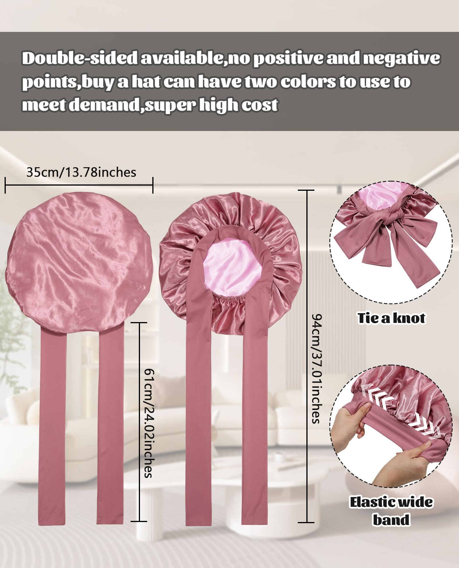Satin Bonnet for Sleeping Cap Double Layer Hair Bonnet with Elastic Tie Band for Curly Hair Night Cap (Bean Paste + Pink)
