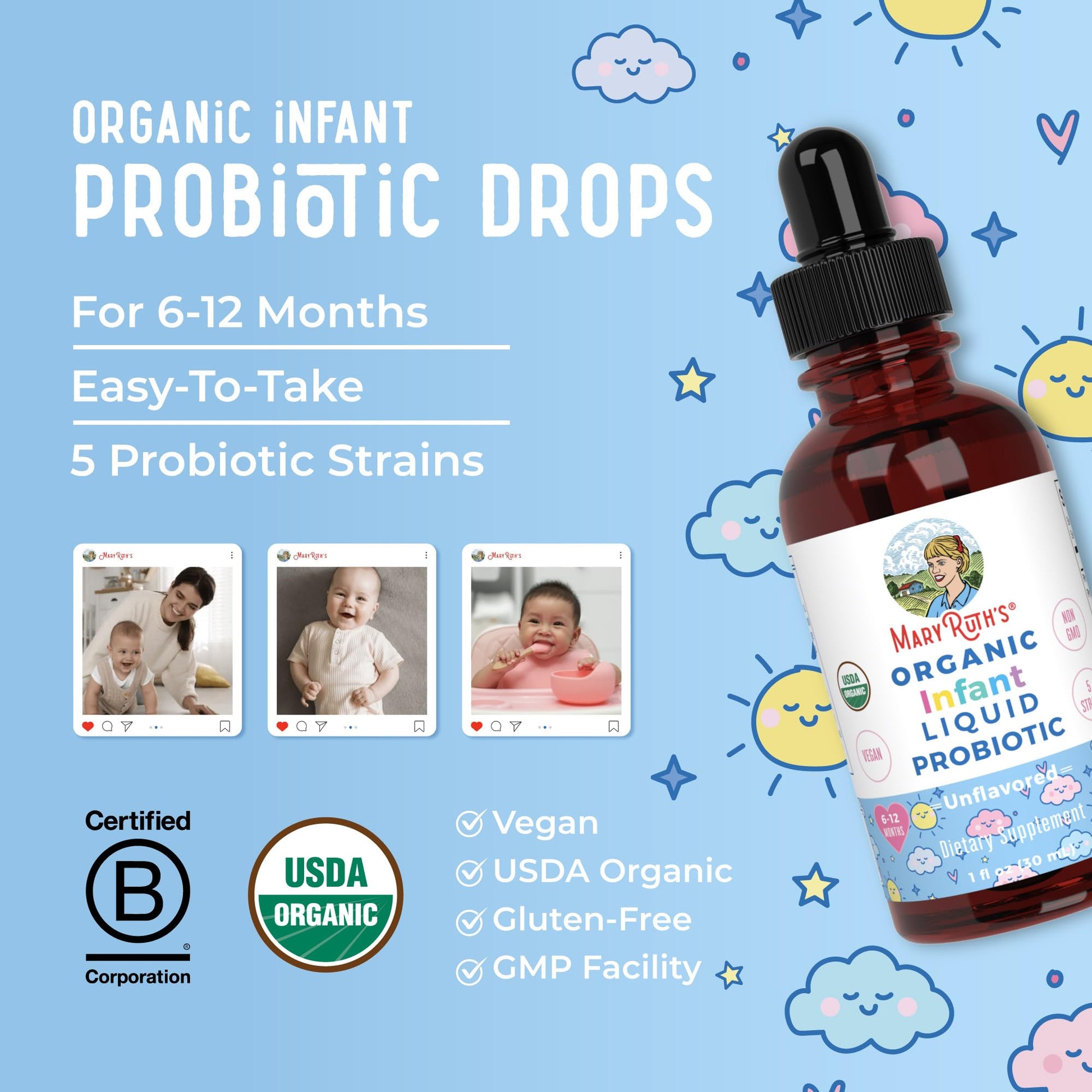 MaryRuth Organics USDA Organic Infant Liquid Probiotic Drops | Baby Essentials | Probiotics for Infants | Baby Probiotic Drops | Proprietary Probiotic Blend | Vegan | Non GMO | 125 Servings