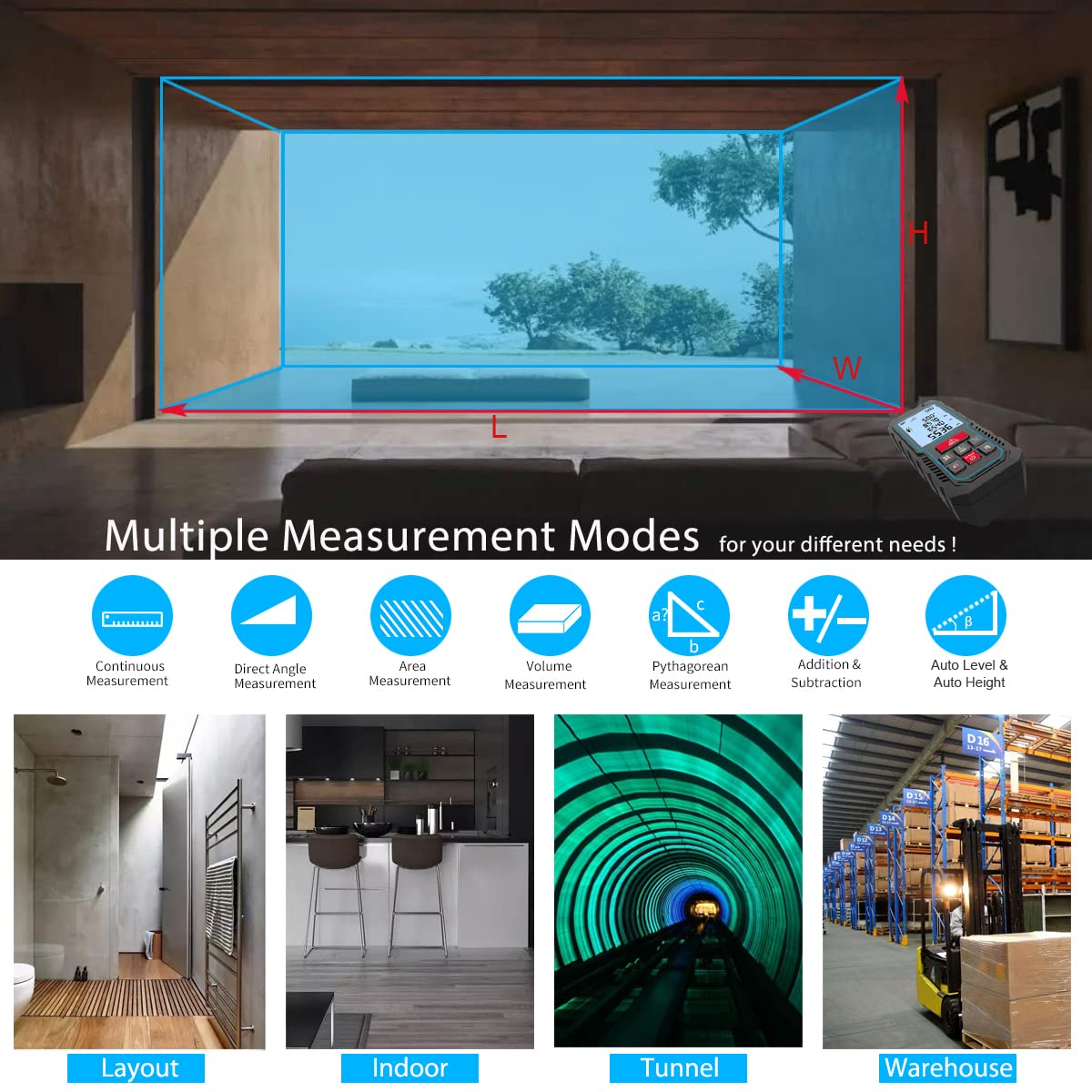Laser Measure Device, MiLESEEY 229ft Digital Laser Tape Measure with Upgrade Electronic Angle Sensor, 2mm Accuracy, Area Measurement,Volume and Pythagoras, 2" LCD Backlit,Mute, Battery Included