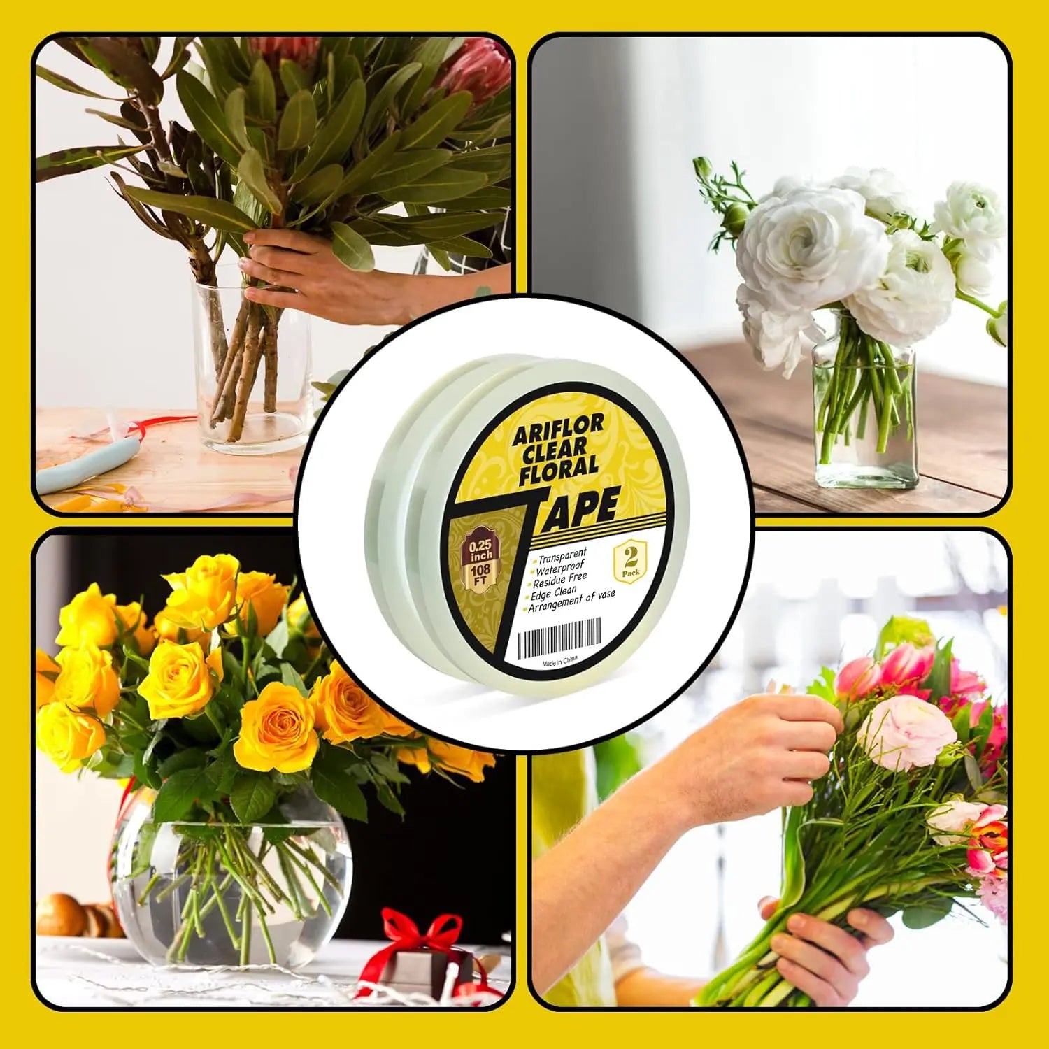 ARIFLOR 2Packs Clear Floral Tape - 1/4" Wide Floral Vase Tape, Clear Waterproof Floral Tape for Fresh Flower Bouquets and Flower Arrangements Crafts (0.25inch*2Packs)