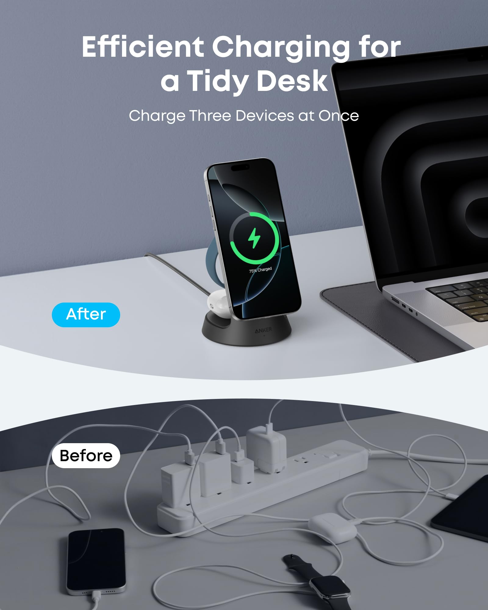 Anker MagSafe Charger Compatible, MagGo 3-in-1 Charging Station, Nano Charging Stand, Qi2 Certified 15W Magnetic Wireless Charger Dock Stand, For iPhone16/15/14, Apple Watch,AirPods (Adapter Included)