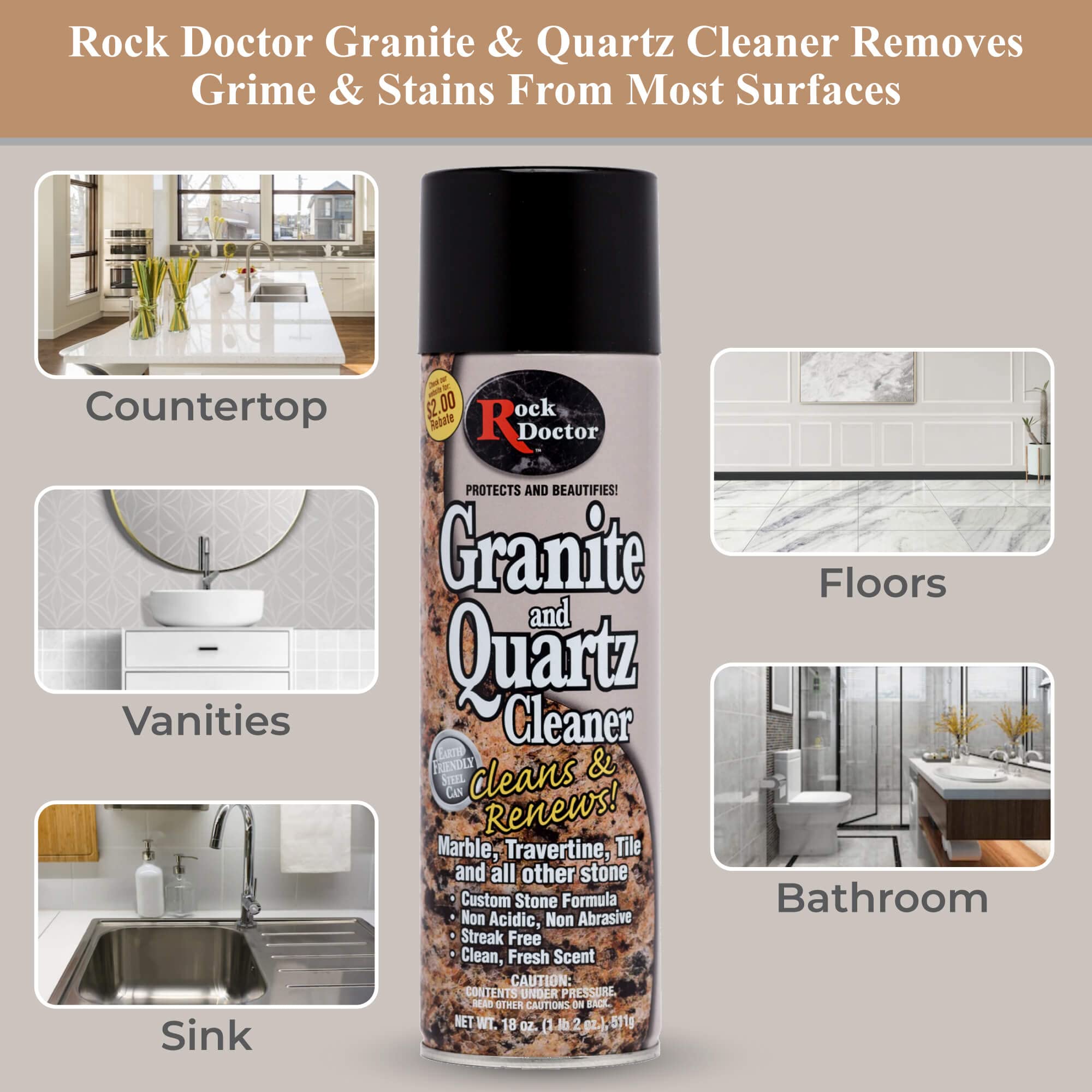 Rock Doctor Granite Cleaner, Cleans& Renews Surfaces, Granite/Marble Countertop Cleaner, Cleaning Spray for Vanity, Table Top, Kitchen Counters, Stone Surfaces 18 Fl Oz Pack of 2