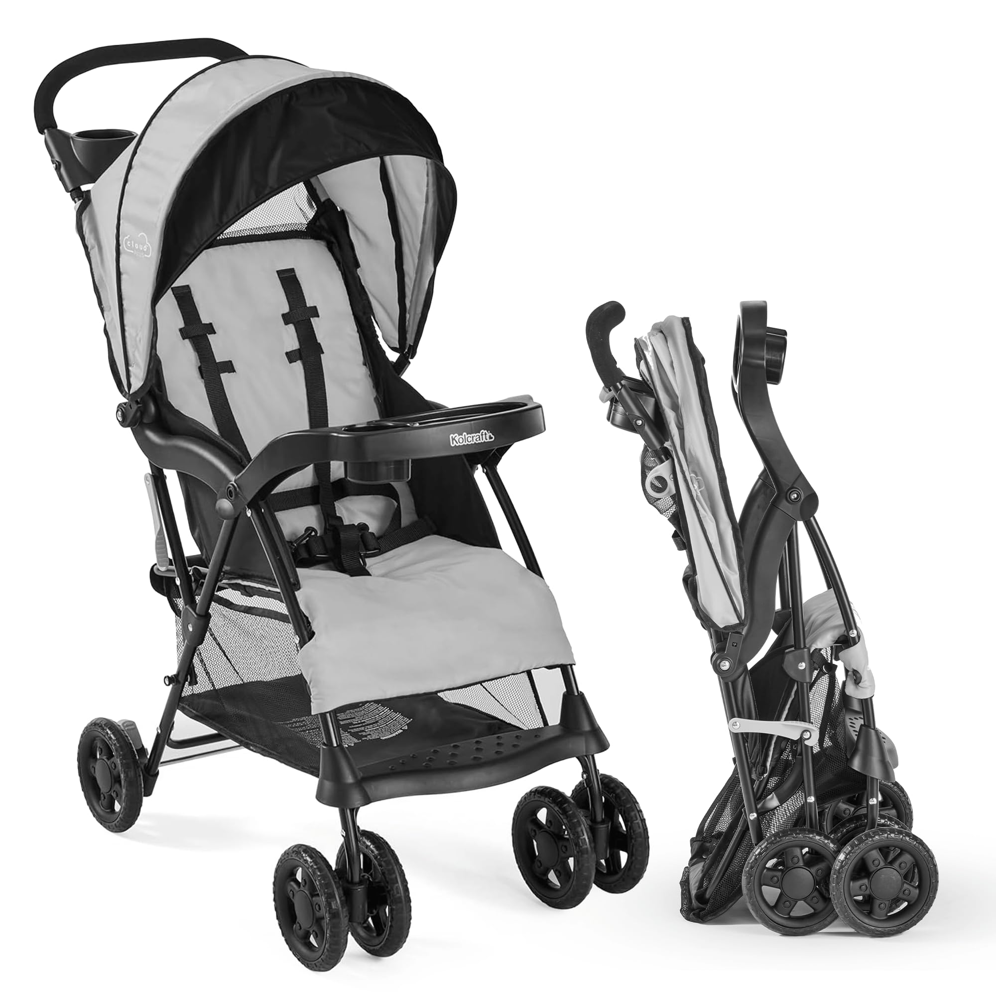 Kolcraft Cloud Plus leichter Buggy für Kleinkinder mit verstellbarer Rückenlehne, großem Ablagekorb, Verdeck, Tabletts für Babys und Eltern, kompaktes Faltsystem für Sommerreisen, strapazierfähiger Rahmen, Schiefergrau