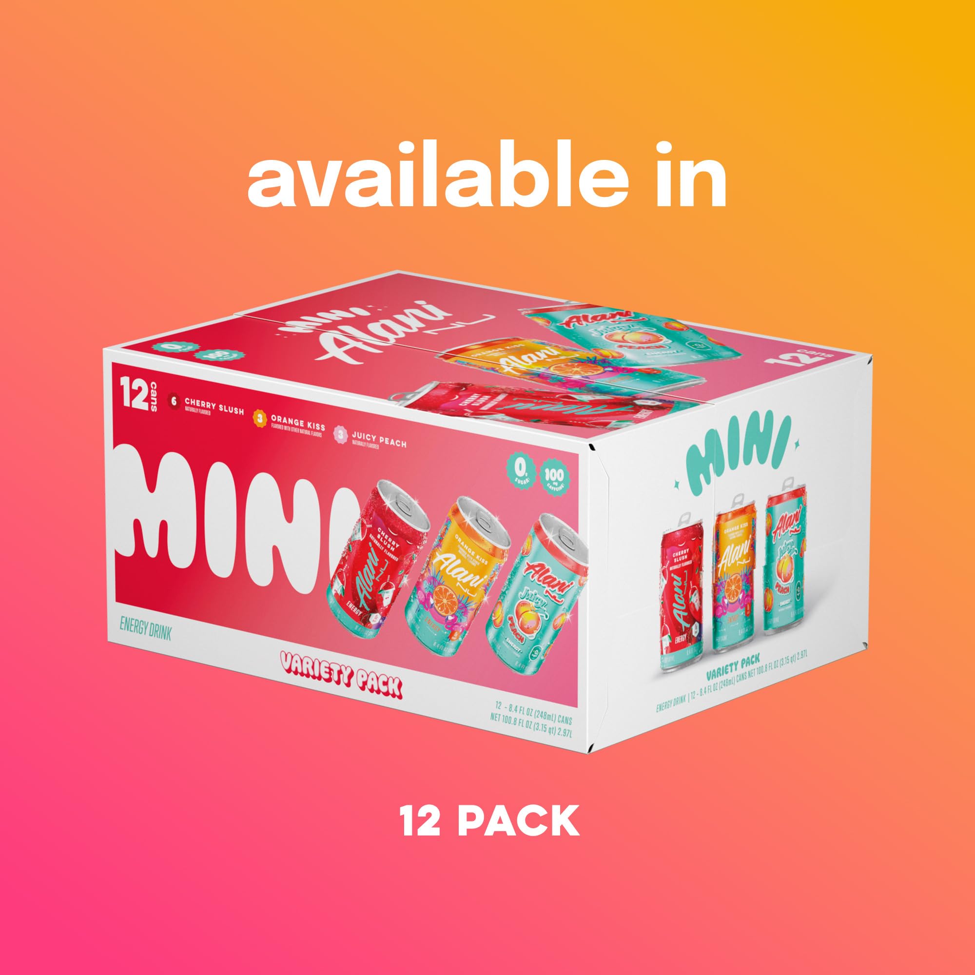 Alani Nu VARIETY PACK (CHERRY SLUSH, JUICY PEACH, ORANGE KISS), Low Calorie Energy Drinks, 100mg Caffeine, Biotin, B Vitamins, Zero Sugar, 10 Calories or Less, 8 Fl Oz Cans, 12 Pack