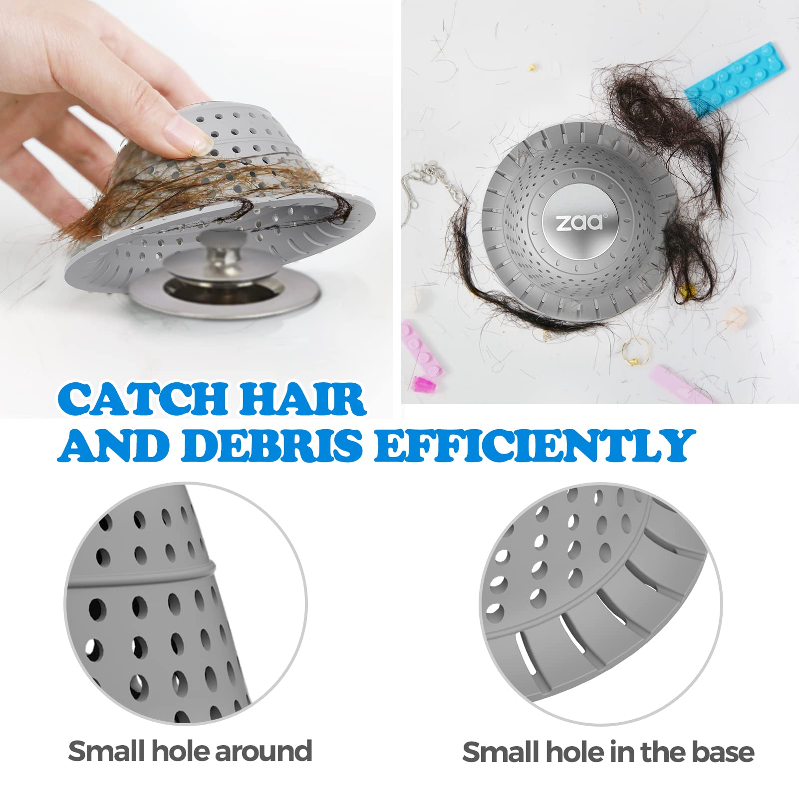 zaa Bathtub Drain Hair Catcher, Premium Silicone Shower Hair Catcher, 1Pack Collapsible Hair Stopper for Pop Up and Regular Drains of Shower, Bathtub, Bathroom, Sink, Gray