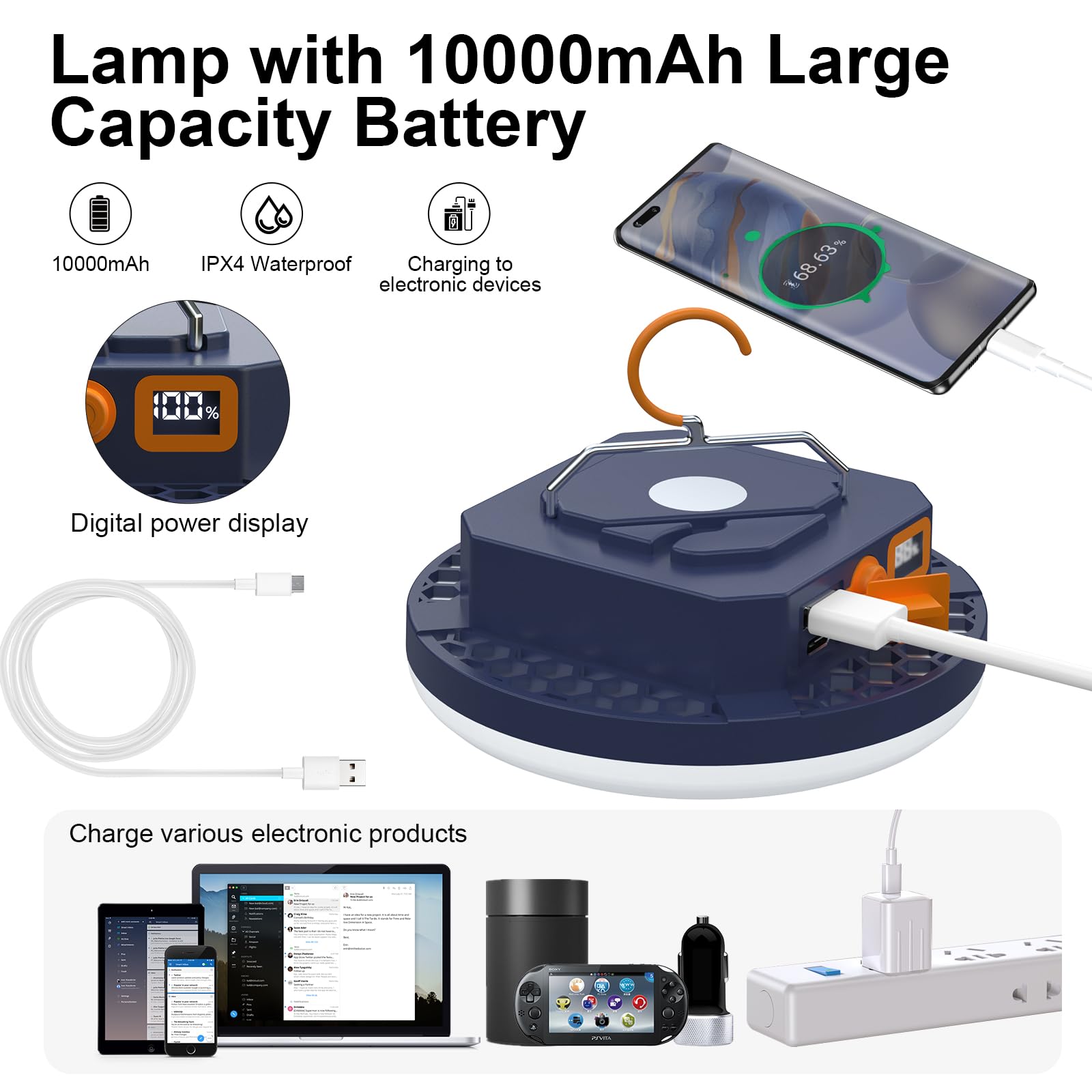 IODOO 10000mAh 4000LM Flashlight Portable LED Camping Lantern Rechargeable Light 30W with Digital Power Display and Magnet , IPX5 Waterproof Tent Lights Power Failure Emergency Light