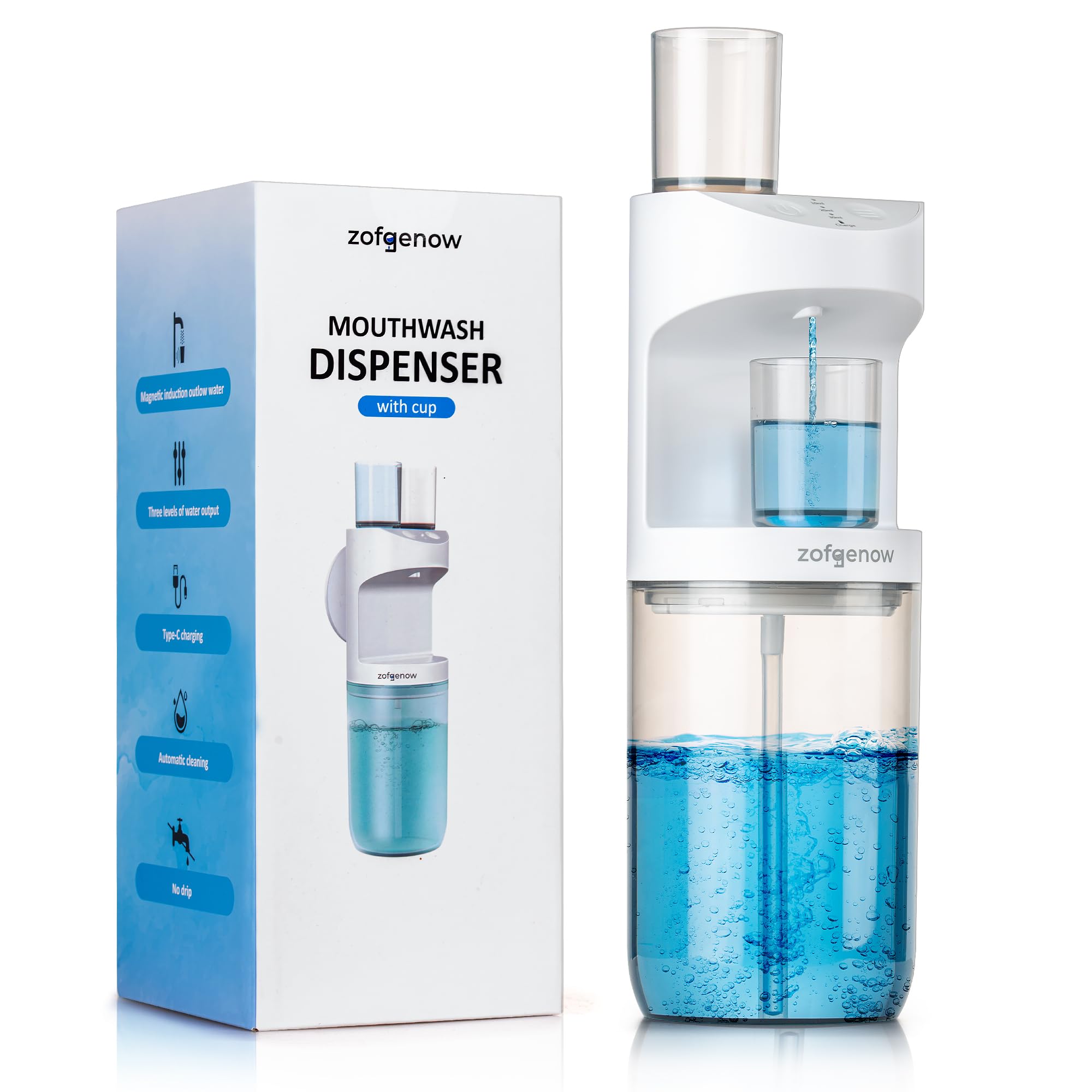ZOFGENOW Automatischer Mundwasser-Spender für Badezimmer, Badezimmer-Zubehör, 575 ml Spender mit Magnetbechern, Wandmontage, für alle Altersgruppen geeignet, Weiß