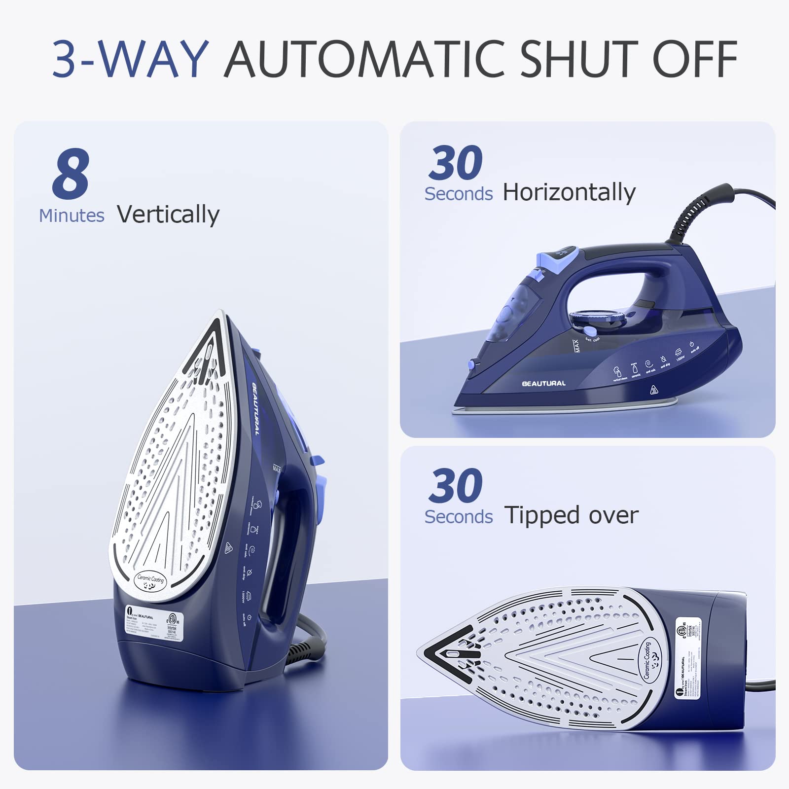BEAUTURAL Steam Iron for Clothes with Precision Thermostat Dial, Ceramic Coated Soleplate, 3-Way Auto-Off, Self-Cleaning, Anti-Calcium, Anti-Drip Blue