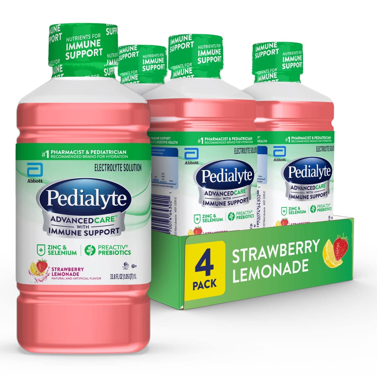 Pedialyte AdvancedCare Elektrolytlösung mit PreActiv-Präbiotika | Trinklösung zur Rehydratation | Erdbeer-Zitronenlimonade, 1 Liter, 4er-Pack
