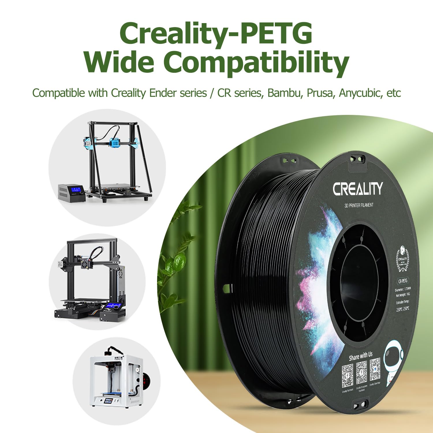 Official Creality PETG 3D Printer Filament 1.75mm 1KG (2.2lbs), High Precision, Strong Toughness, Odorless, Better Flow, Moistureproof 3D Printing CR PETG Filament, Black