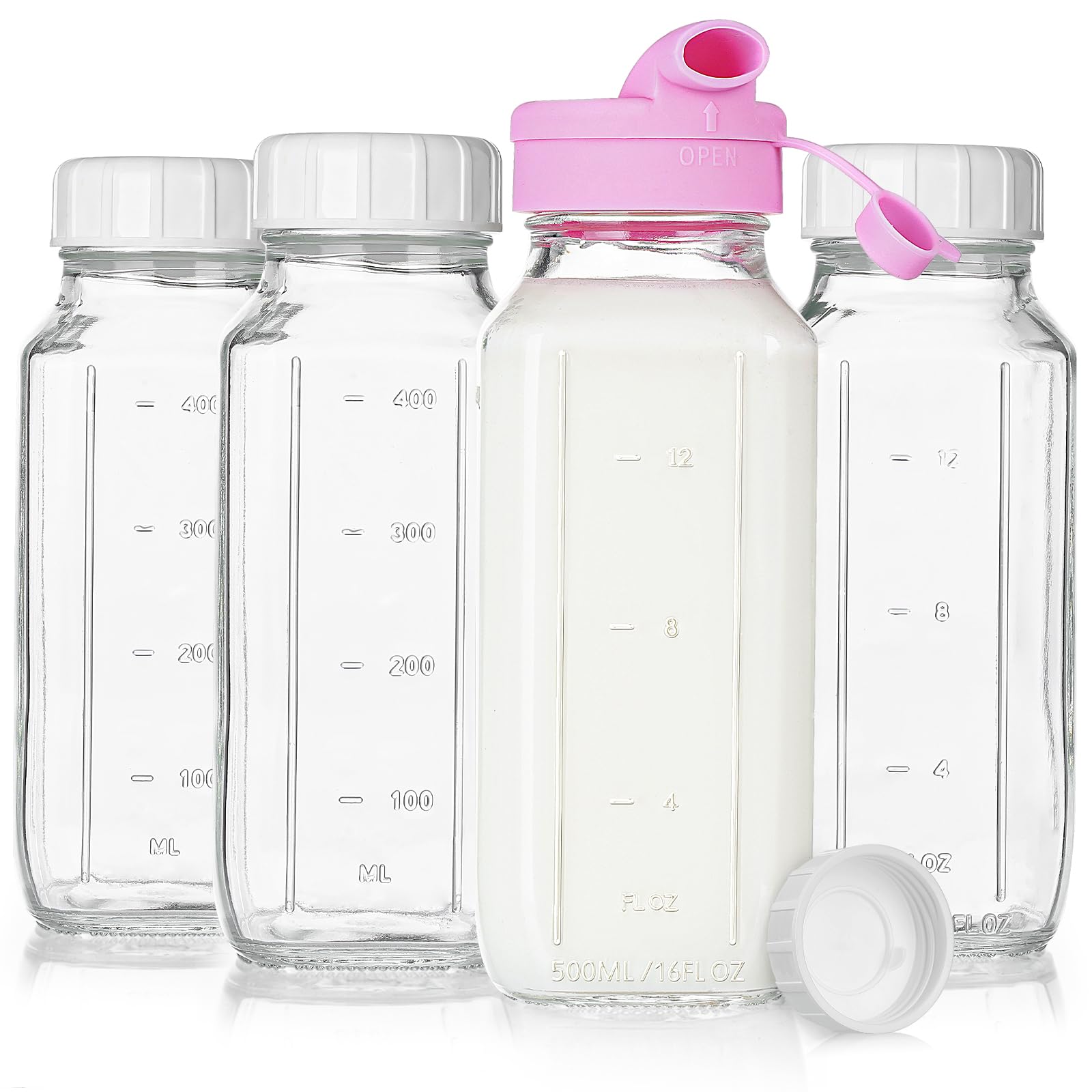 4 Pack 16 Oz Square Glass Milk Bottle with A Silicone Dispenser Cap, Glass Juice Bottles with Airtight Screw Lid, Reusable Drinking Bottles with Capacity Marks, Breastmilk Storage Container