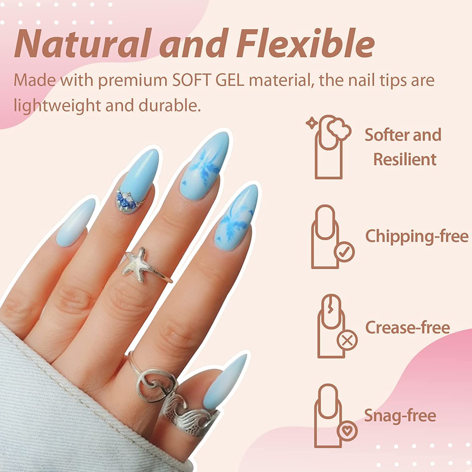 UNA GELLA Almond Gel Nail Tips, 504PCS Pre Etched Clear Fake Nails Tips Medium Almond Shape - 12 Sizes Full Cover Soft Acrylic Press On Nail Extensions No C Curve Gift for Diy at Home