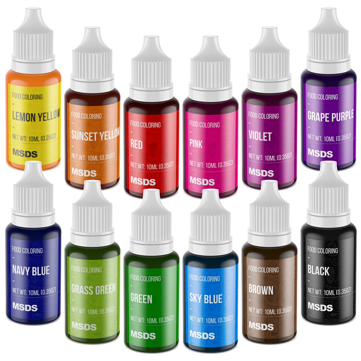Lebensmittelfarben-Set – 12 lebensmittelechte, leuchtende Lebensmittelfarben, geschmacksneutrale flüssige Farbe für Tortendekoration, Backen, Ostereier, Zuckerguss, Fondant, Kochen, Schleimherstellung, DIY-Zubehör-Kit – 10 ml/Flasche