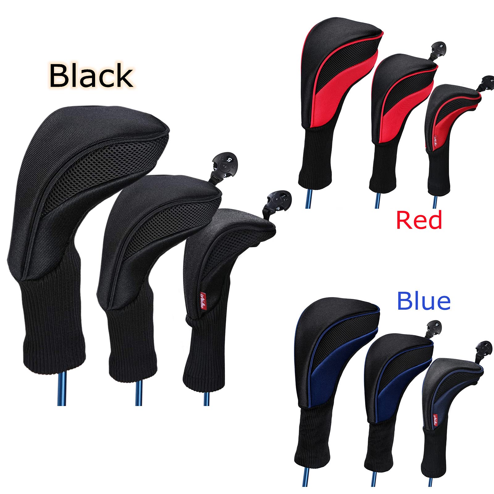 Black Golf Club Head Cover for Driver Fairway 3 Pcs Woods Headcovers, Golf Accessories Hybrid Head Covers Set with Interchangeable Tags 3 4 5 7 X (Black)
