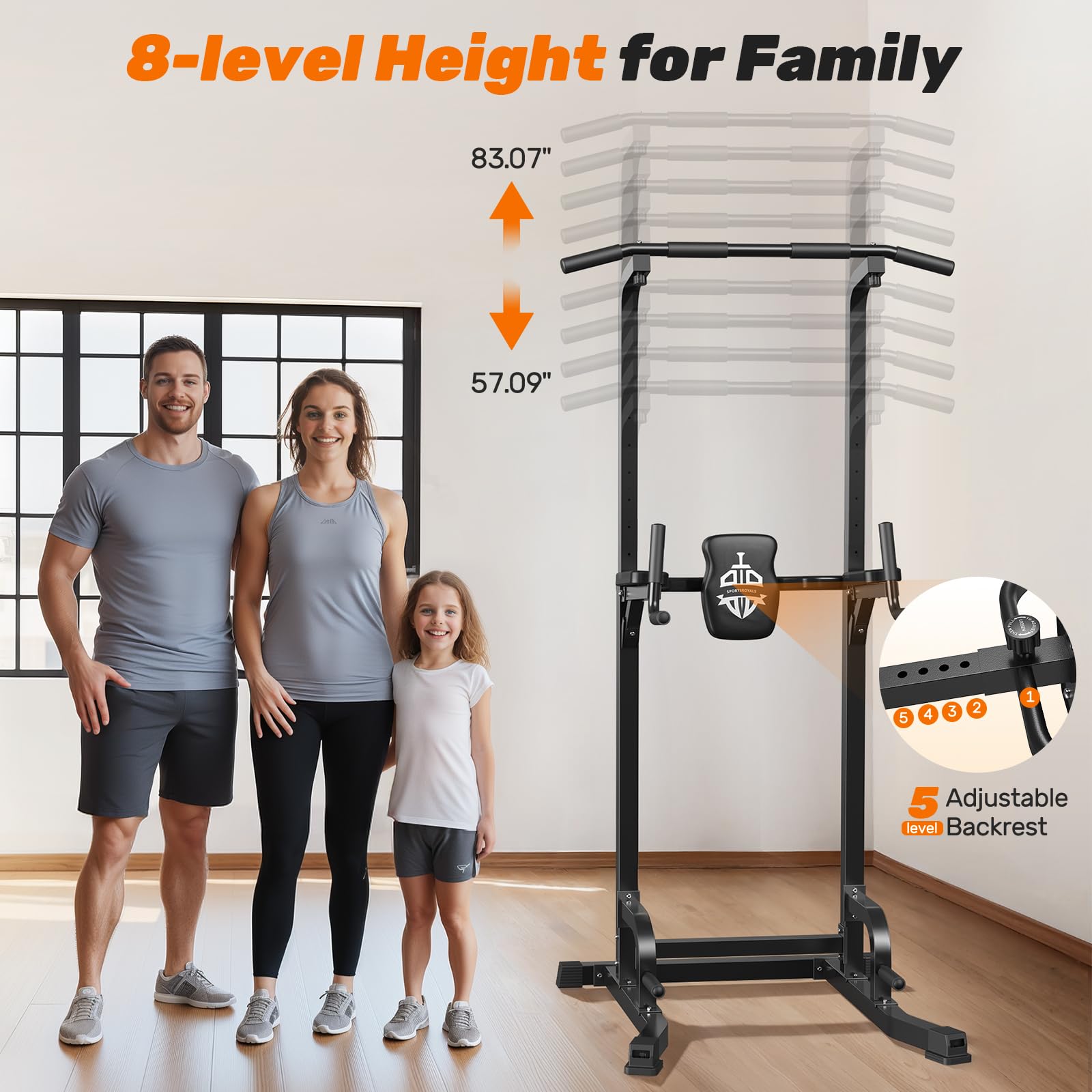 Sportsroyals Pull up Bar, Multi-Function Power Tower Dip Station with Upgraded Adjustable Foot Cover Equipment for Home Gym,360LBS