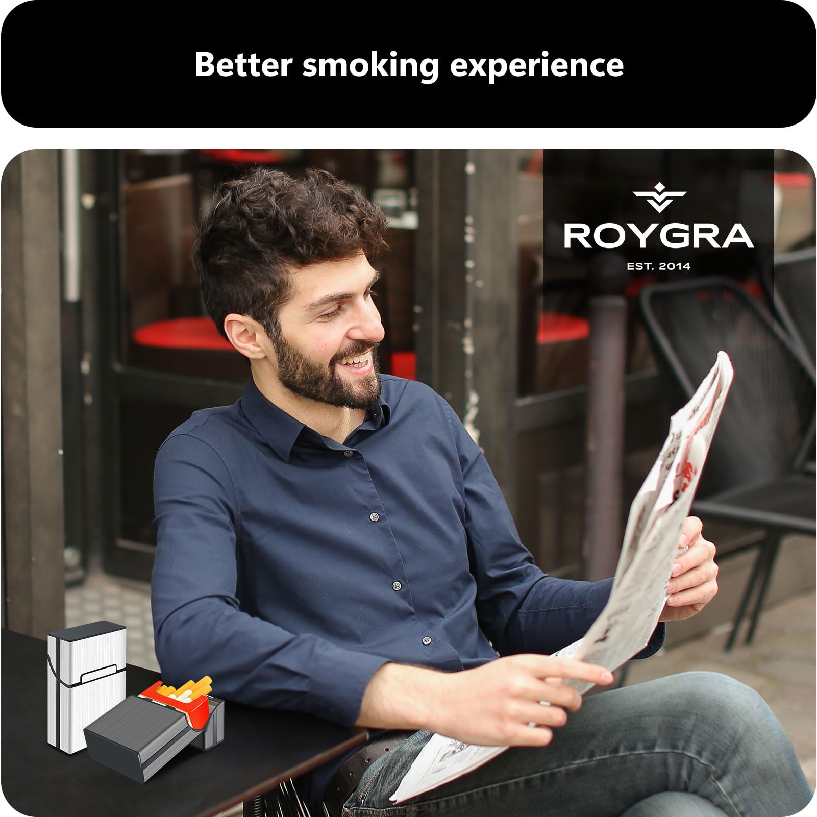 roygra Cigarette Case (2 Pack), Magnetic Switch 20pcs Cigarette Holder Case for Men Women, Cigarettes Smoking Accessories, Metal and Plastic Box for Smoke (Gray + Silver, 85mm King Size)