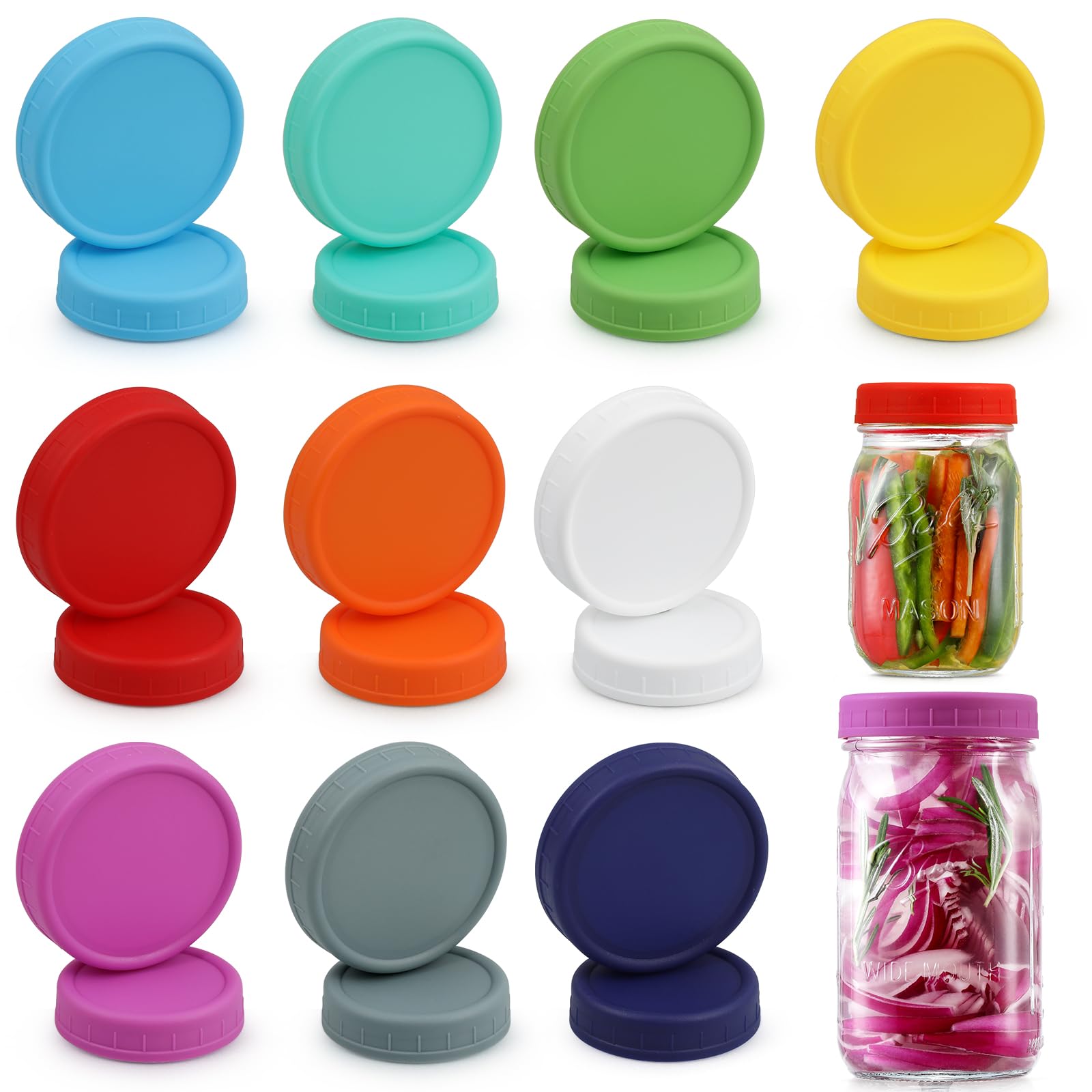 AOZITA 10 WIDE Mouth & 10 REGULAR Mouth Mason Jar Lids - 20 Pack Food Grade Plastic Mason Jar Caps for Ball, Kerr and More Canning Jars - Leakproof & Dishwasher Safe - Multicolor