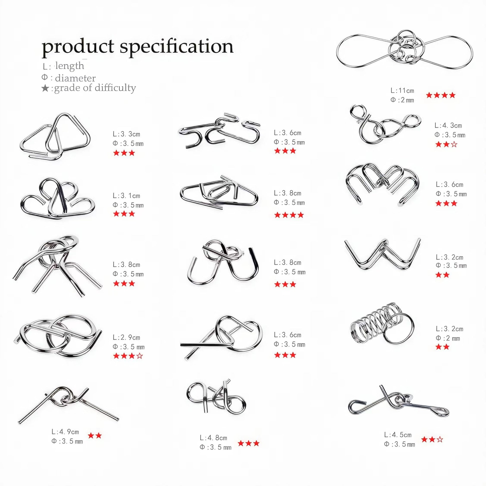 GEKELI Metal Wire Puzzle Set of 24 with Pouch,Brain Teaser IQ Test Disentanglemen Iron Link Unlock Interlock Game Chinese Ring Magic Trick Toy for Party Favor Kids Adults Challenge